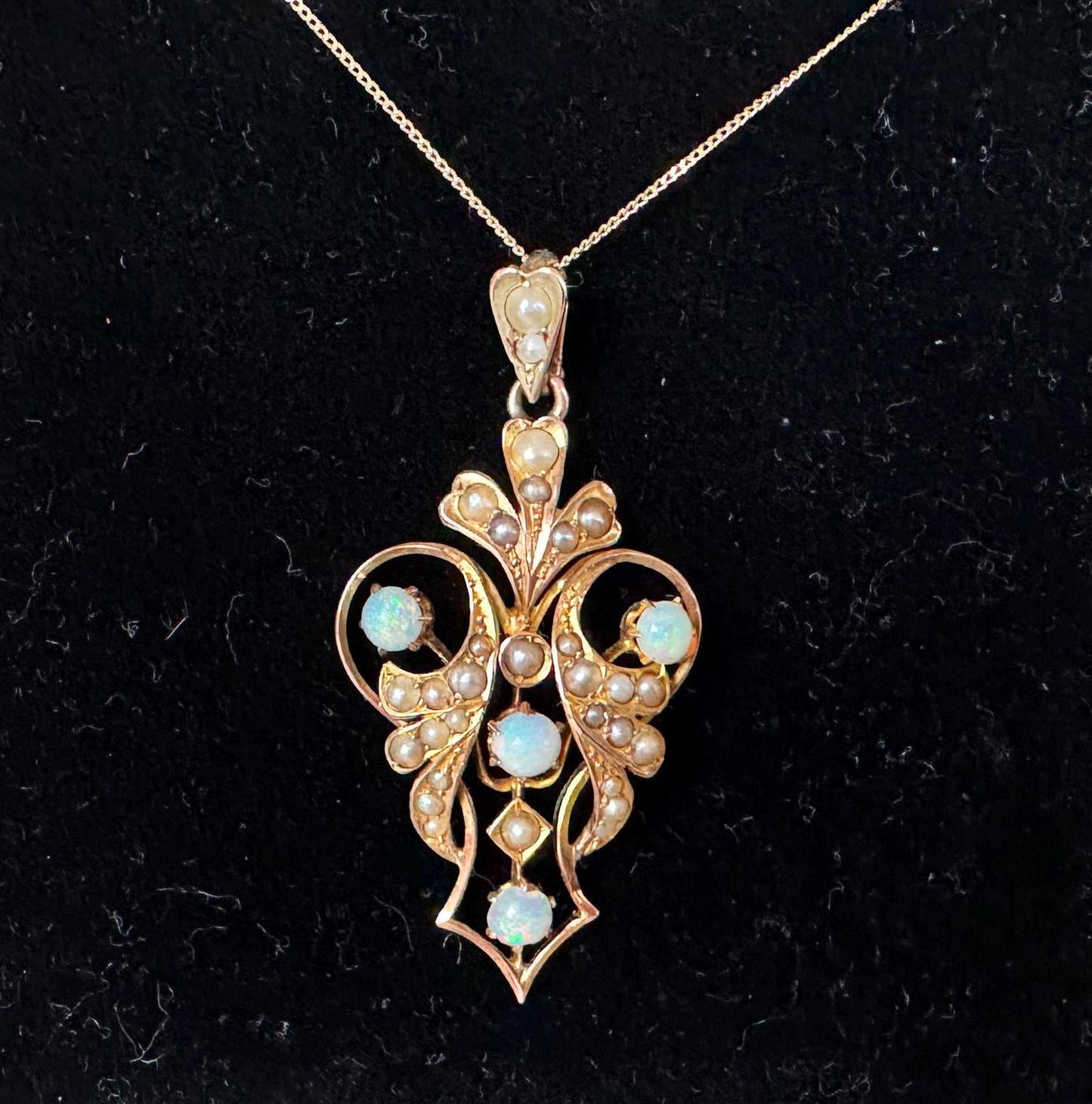 Antique Art Nouveau 9ct Gold Opal & Seed Pearl Pendant. Victorian/Edwardian Rosy Yellow Gold Opal Pendant With Optional Gold Chain