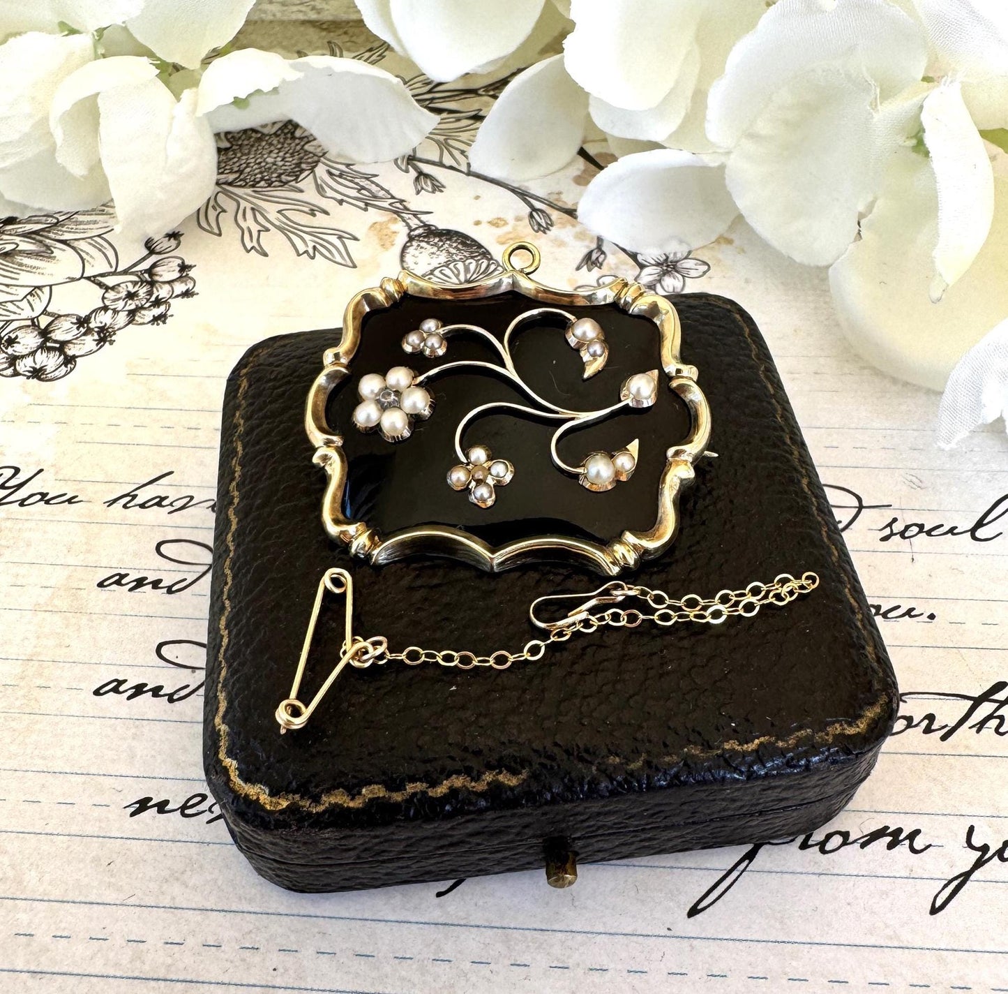 Antique Georgian 9ct Gold Diamond, Pearl "Forget-Me-Not" Locket Brooch/Pendant. Sentimental Georgian/Victorian Mourning/Love Token Jewellery