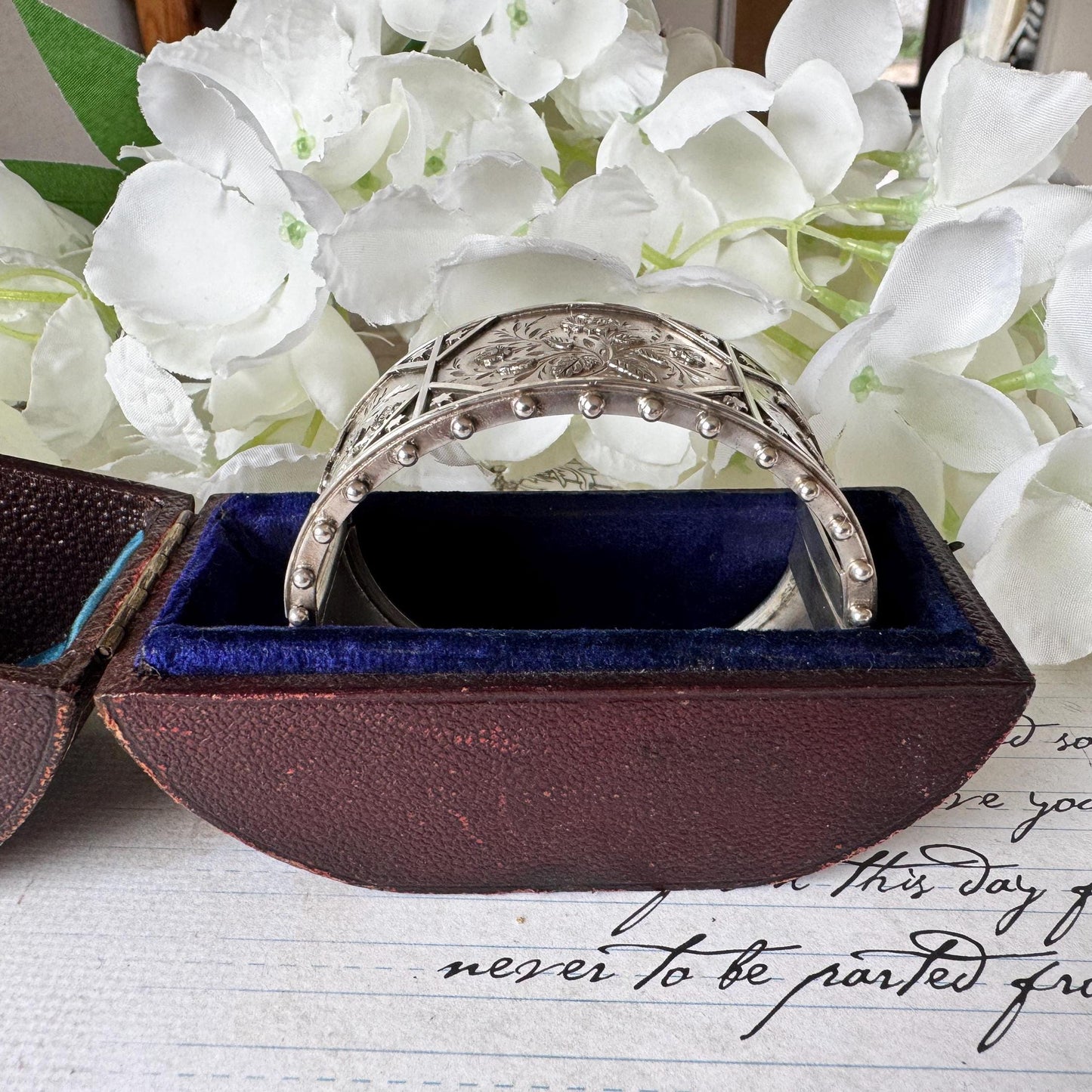Antique Victorian Aesthetic Engraved Rose & Lily Sterling Silver Bangle In Original Maroon Leather Drum Shaped Bracelet Case, Dated 1883