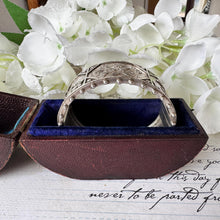 画像をギャラリービューアに読み込む, Antique Victorian Aesthetic Engraved Rose &amp; Lily Sterling Silver Bangle In Original Maroon Leather Drum Shaped Bracelet Case, Dated 1883
