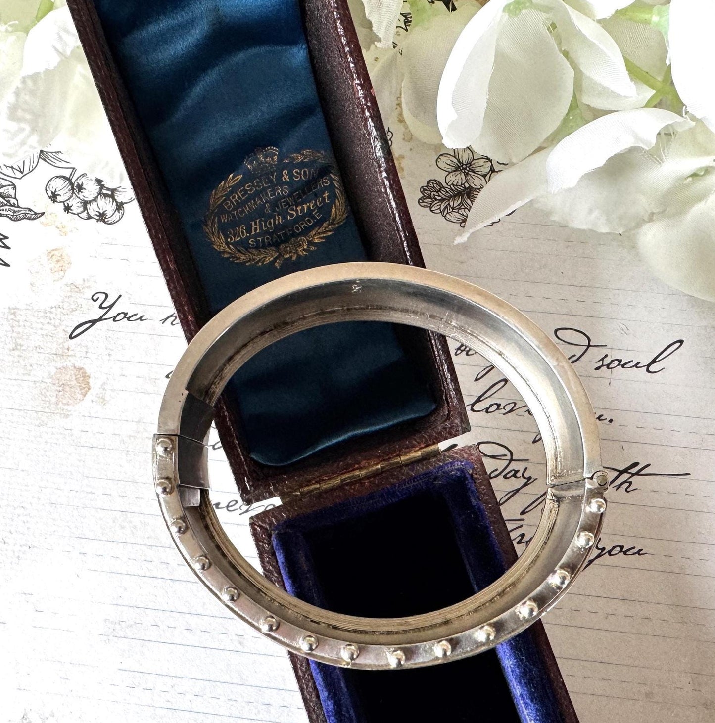 Antique Victorian Aesthetic Engraved Rose & Lily Sterling Silver Bangle In Original Maroon Leather Drum Shaped Bracelet Case, Dated 1883