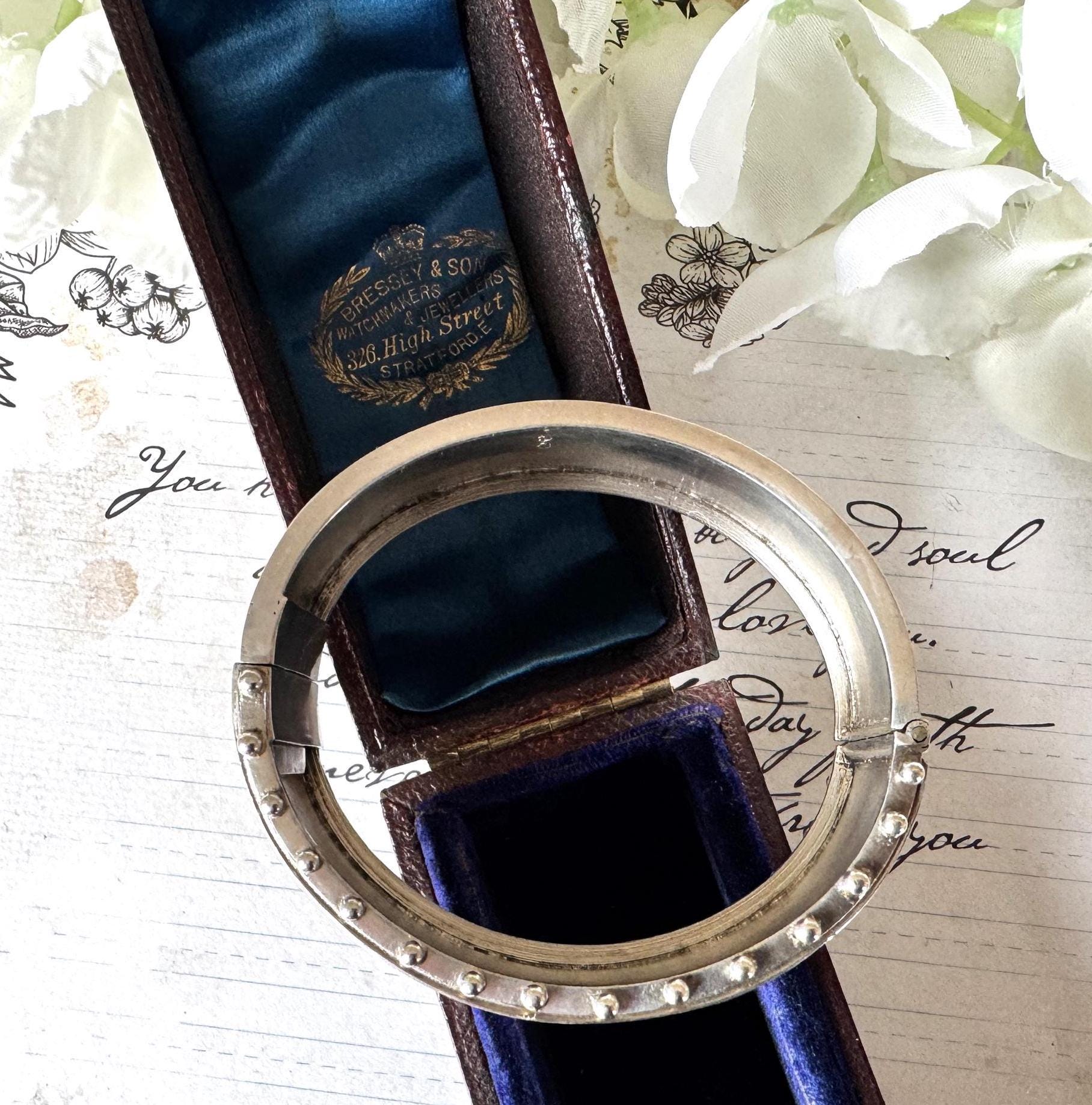 Antique Victorian Aesthetic Engraved Rose & Lily Sterling Silver Bangle In Original Maroon Leather Drum Shaped Bracelet Case, Dated 1883