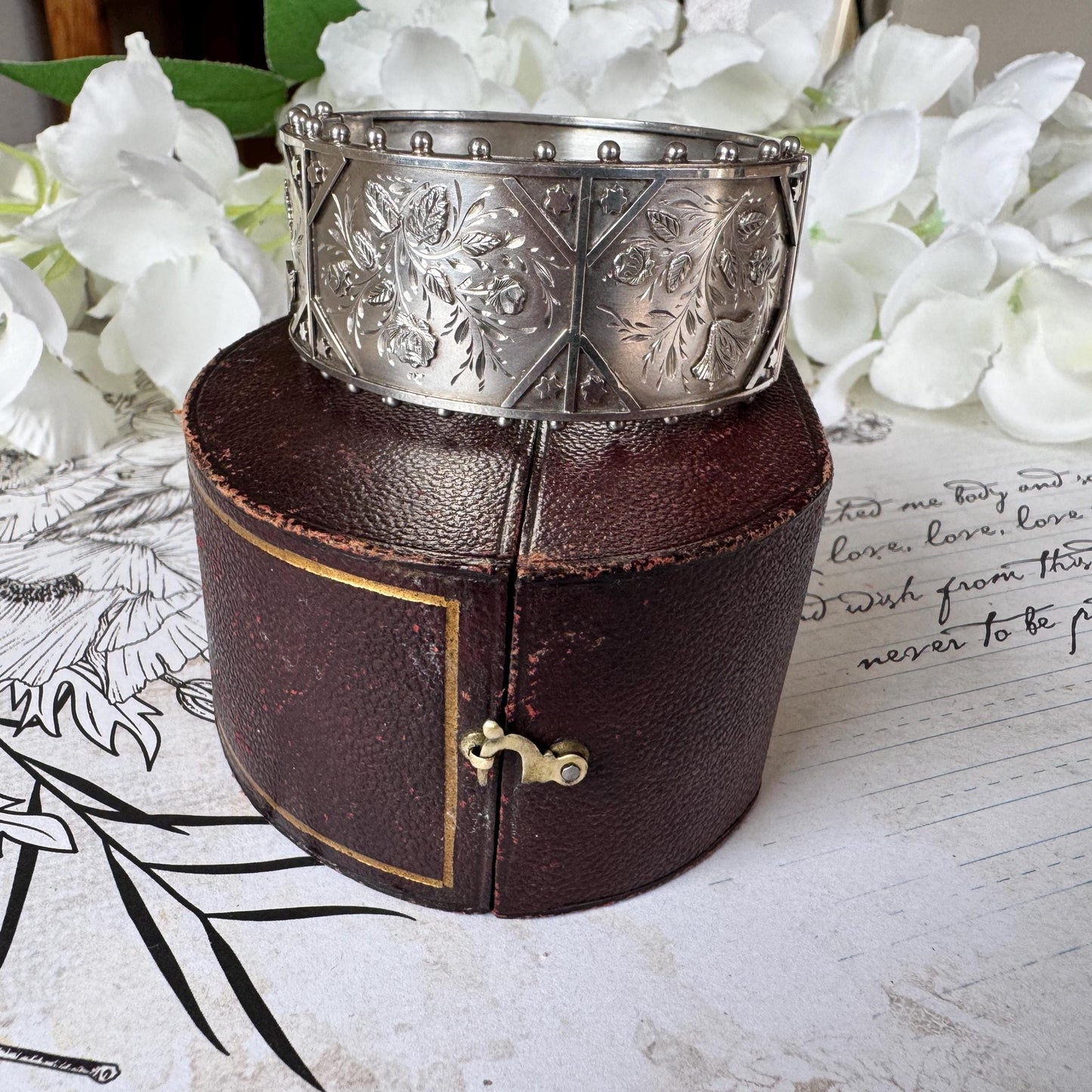 Antique Victorian Aesthetic Engraved Rose & Lily Sterling Silver Bangle In Original Maroon Leather Drum Shaped Bracelet Case, Dated 1883