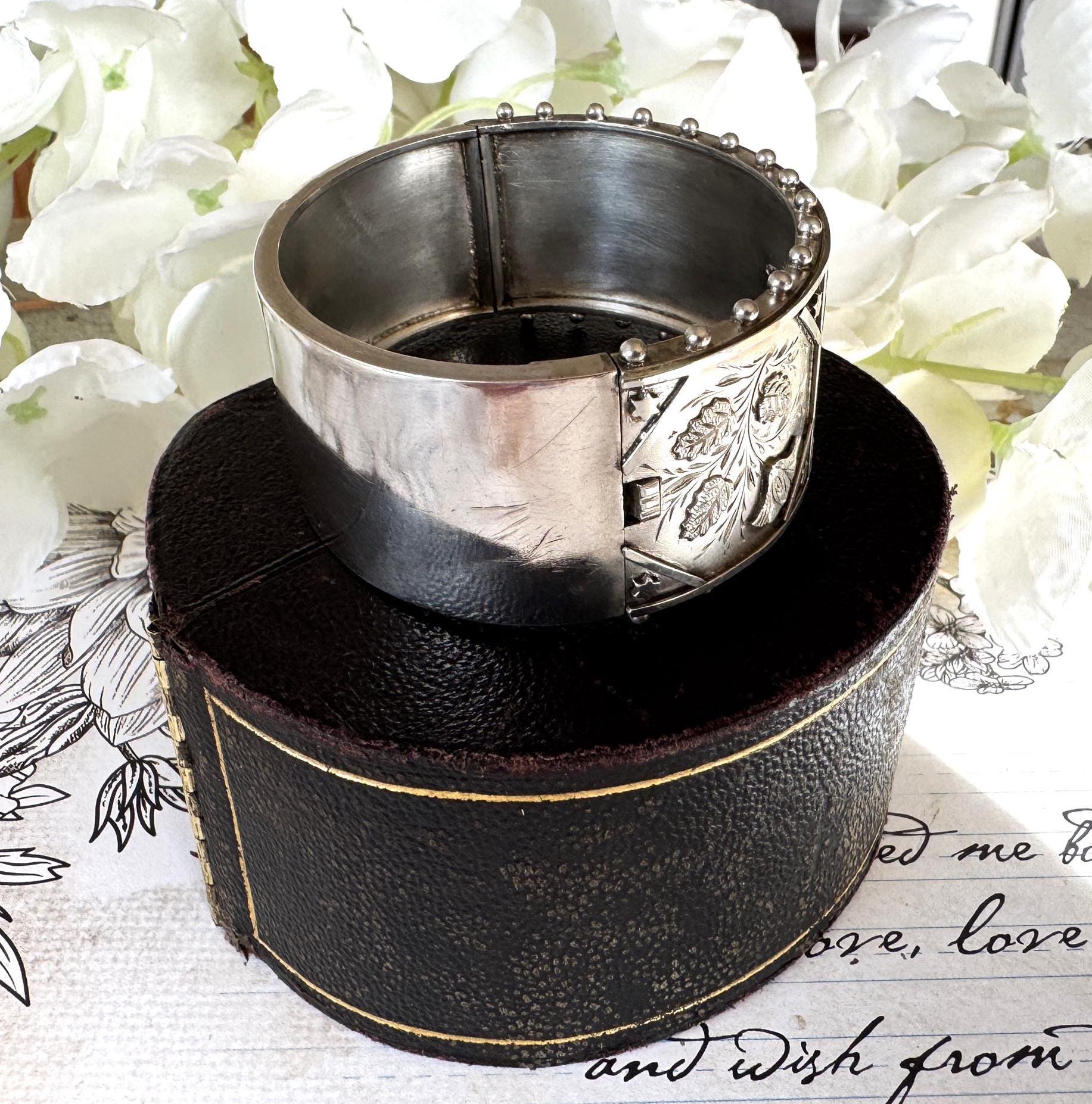 Antique Victorian Aesthetic Engraved Rose & Lily Sterling Silver Bangle In Original Maroon Leather Drum Shaped Bracelet Case, Dated 1883