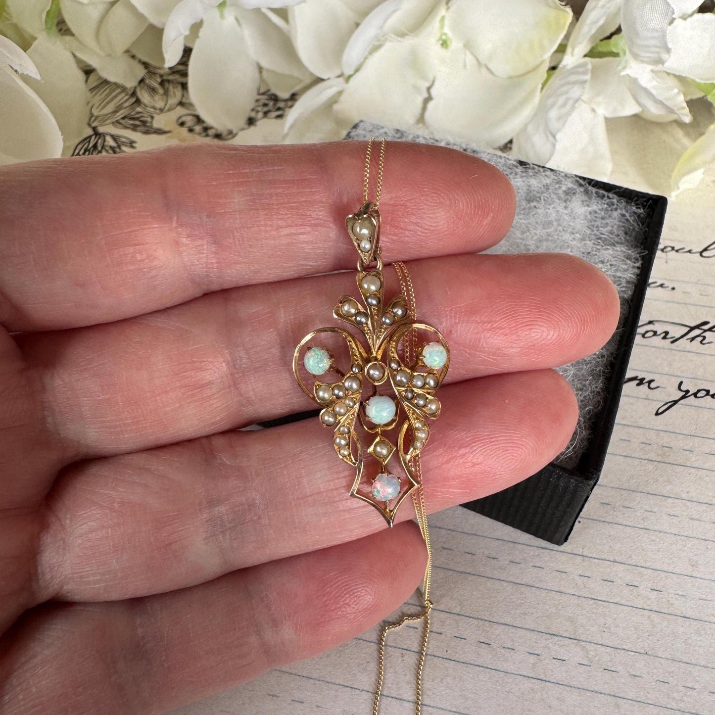 Antique Art Nouveau 9ct Gold Opal & Seed Pearl Pendant. Victorian/Edwardian Rosy Yellow Gold Opal Pendant With Optional Gold Chain