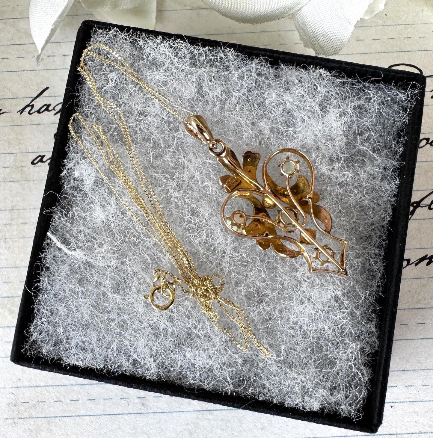 Antique Art Nouveau 9ct Gold Opal & Seed Pearl Pendant. Victorian/Edwardian Rosy Yellow Gold Opal Pendant With Optional Gold Chain