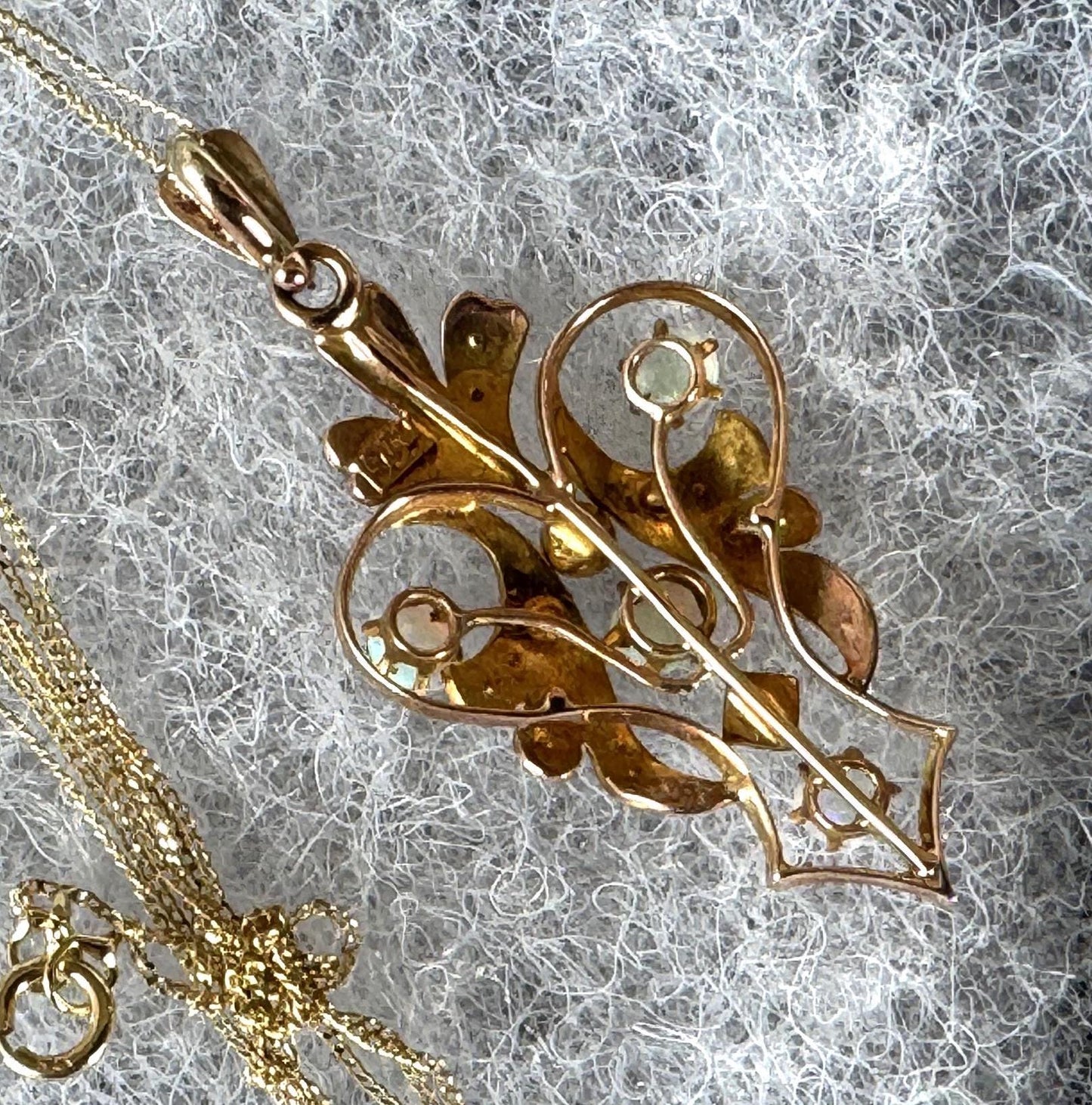 Antique Art Nouveau 9ct Gold Opal & Seed Pearl Pendant. Victorian/Edwardian Rosy Yellow Gold Opal Pendant With Optional Gold Chain