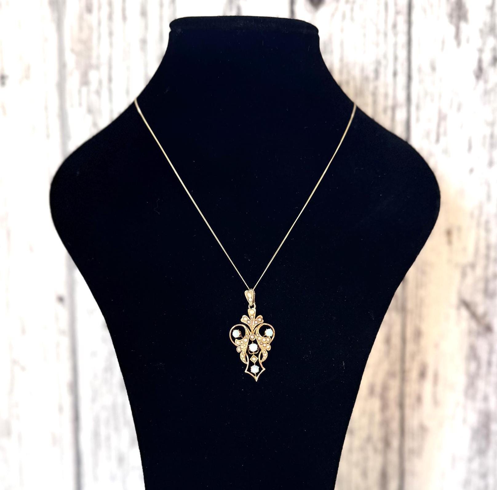 Antique Art Nouveau 9ct Gold Opal & Seed Pearl Pendant. Victorian/Edwardian Rosy Yellow Gold Opal Pendant With Optional Gold Chain