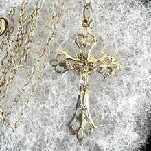 Charger l&#39;image dans la galerie, Antique French Sterling Silver Crucifix Cross Pendant Necklace, Intricate Openwork Silver Cross &amp; Chain. Antique Communion Jewellery Gift
