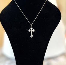 Charger l&#39;image dans la galerie, Antique French Sterling Silver Crucifix Cross Pendant Necklace, Intricate Openwork Silver Cross &amp; Chain. Antique Communion Jewellery Gift
