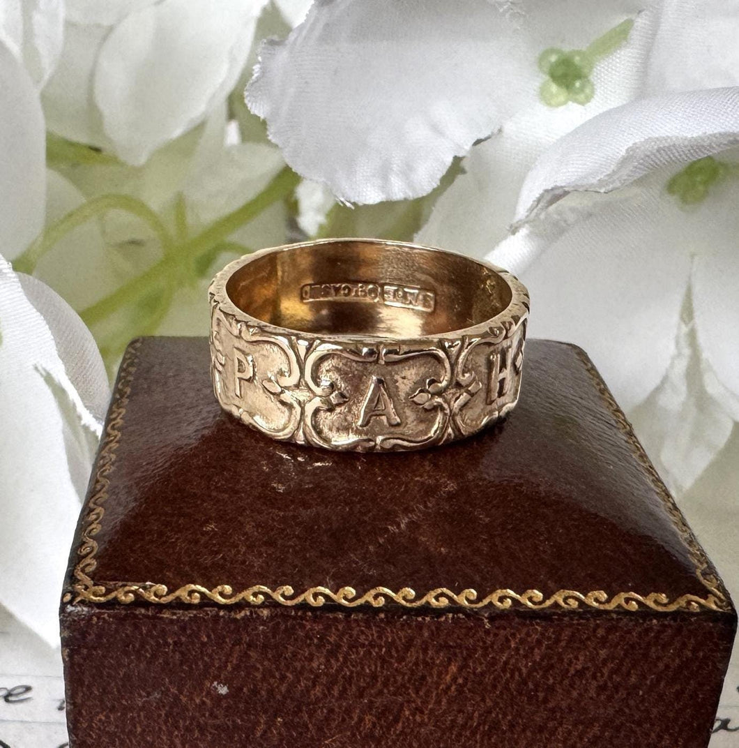 Antique Victorian 9ct Gold Cased Mizpah Band Ring. Love Token, Sweetheart, Betrothal, Alternative Wedding Wide Unisex Band, Size R, US 8-3/4