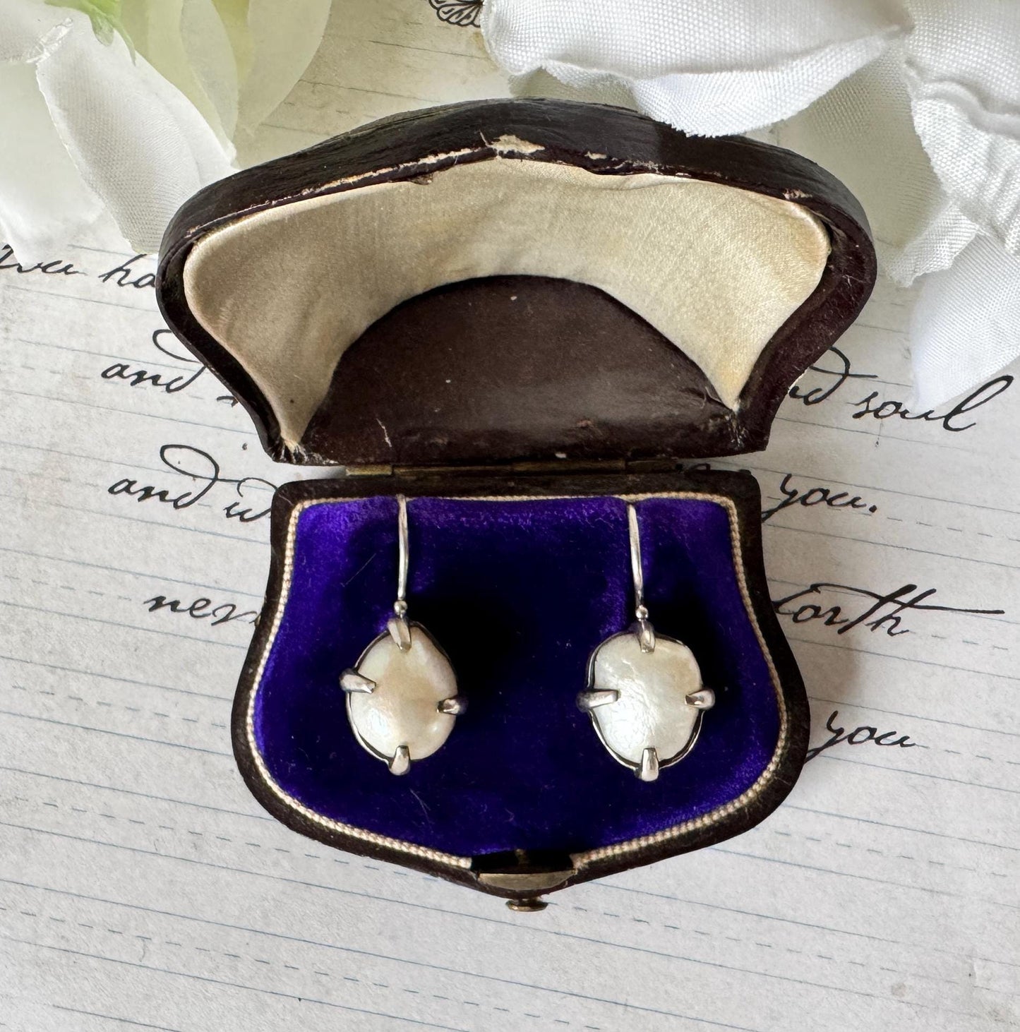 Victorian Silver Wild Baroque Pearl Drop Earrings - Original Antique Fitted Box