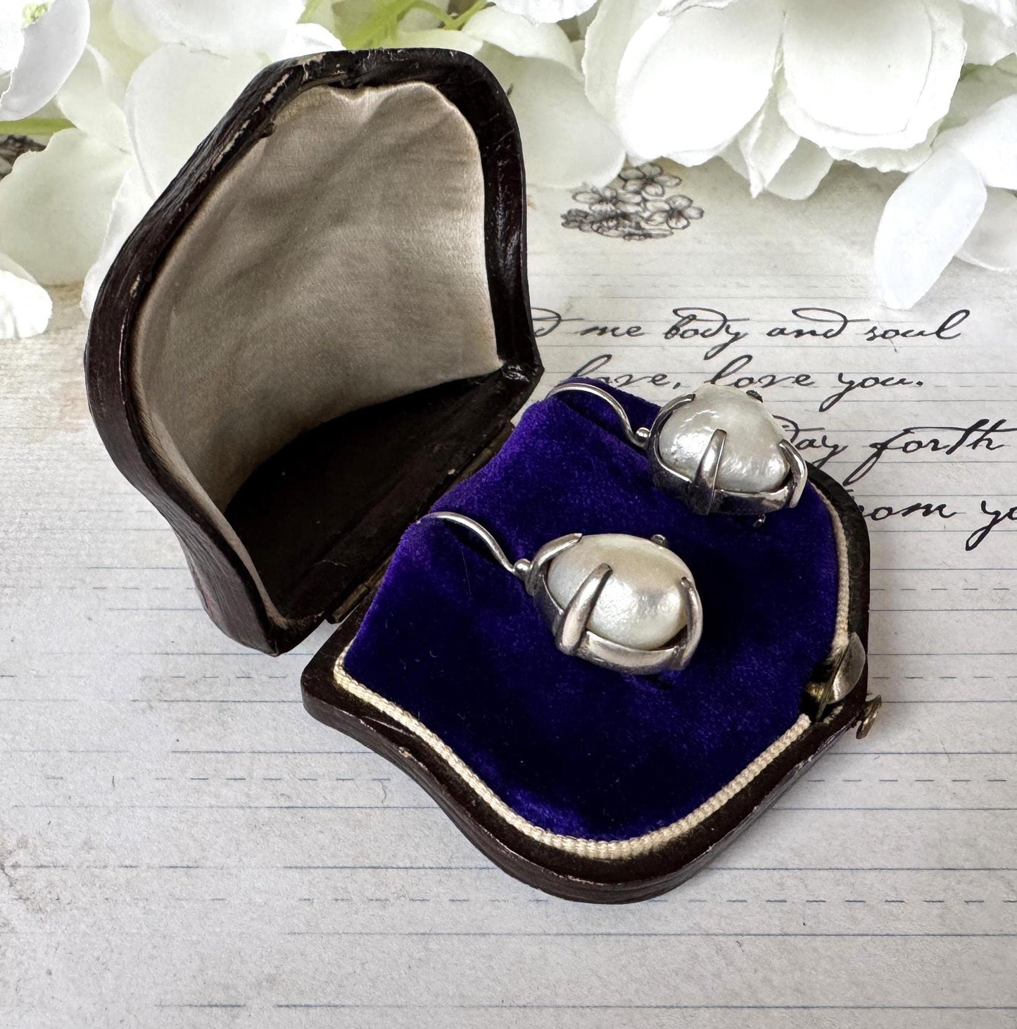 Victorian Silver Wild Baroque Pearl Drop Earrings - Original Antique Fitted Box