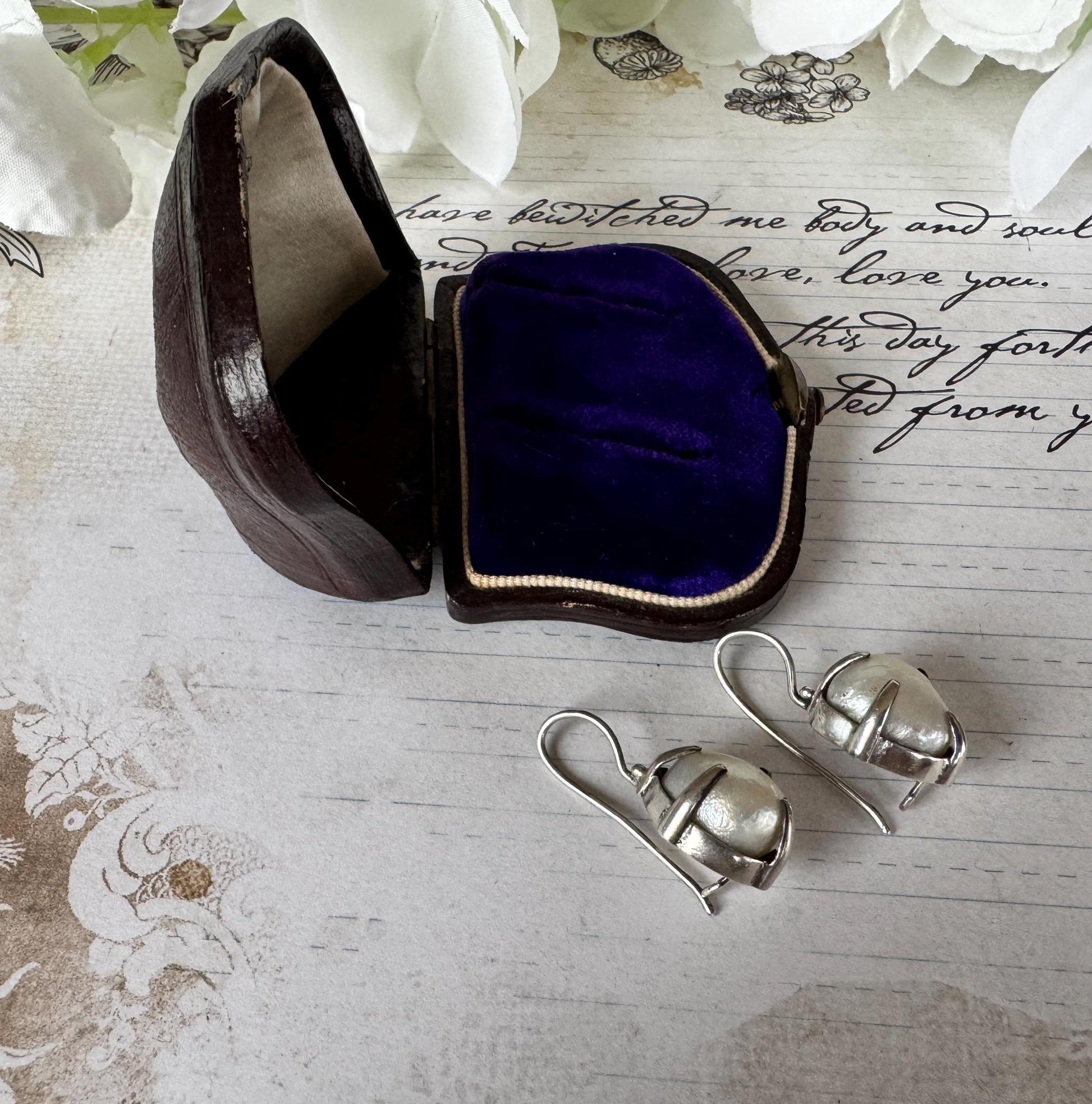 Victorian Silver Wild Baroque Pearl Drop Earrings - Original Antique Fitted Box