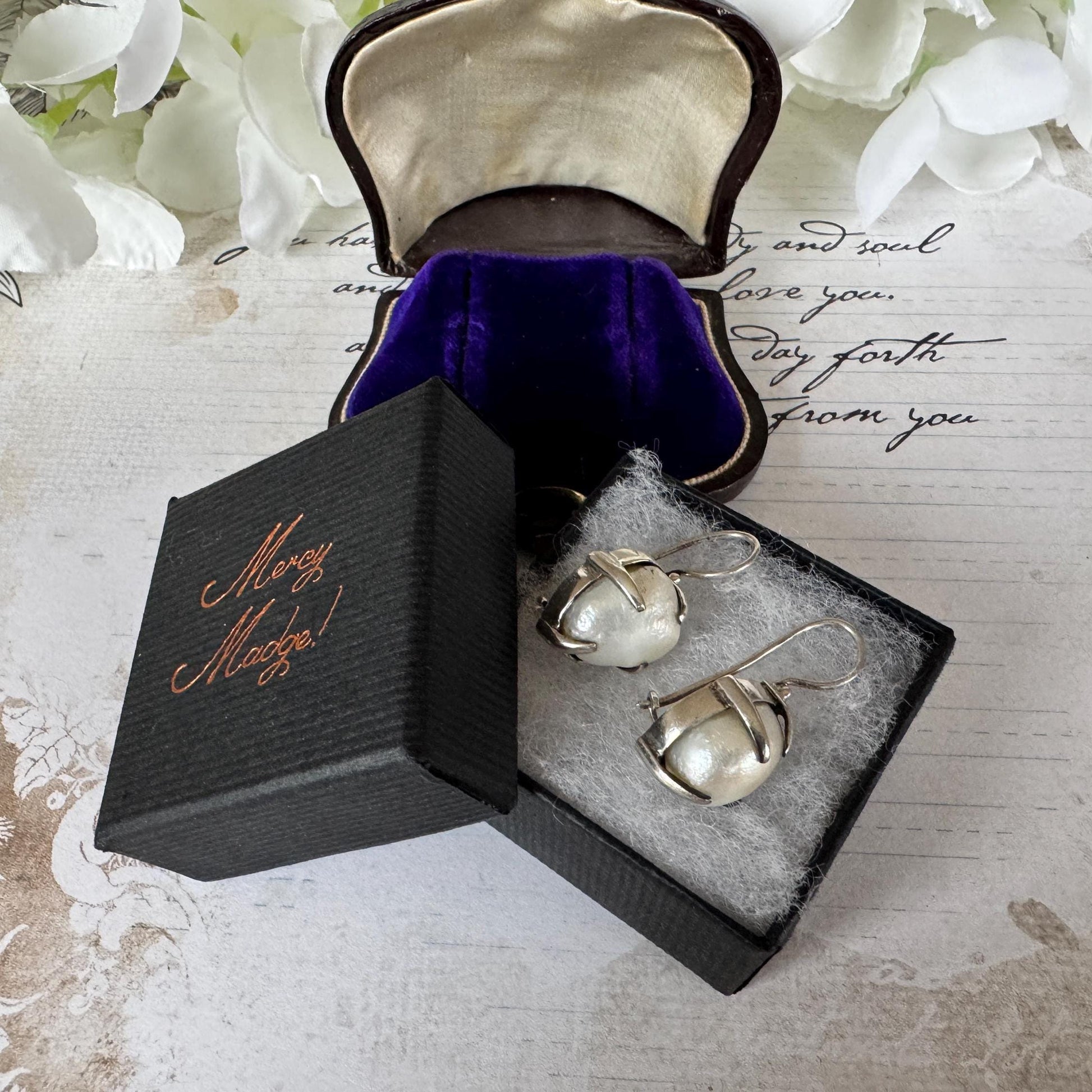 Victorian Silver Wild Baroque Pearl Drop Earrings - Original Antique Fitted Box