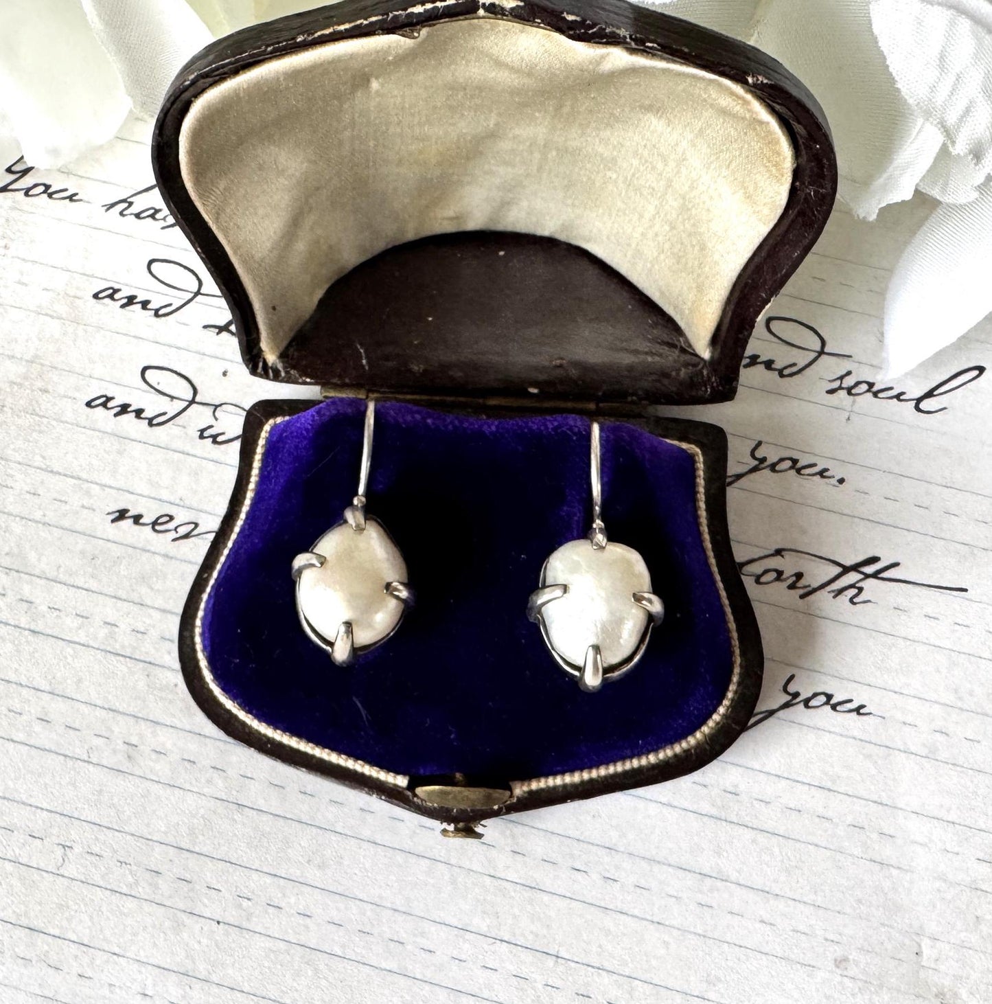 Victorian Silver Wild Baroque Pearl Drop Earrings - Original Antique Fitted Box