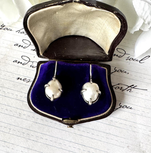 Rare Antique Victorian Natural Wild Freshwater Baroque Pearl Drop Silver Earrings & Original Antique Shield Shaped Maroon Leather Fitted Box