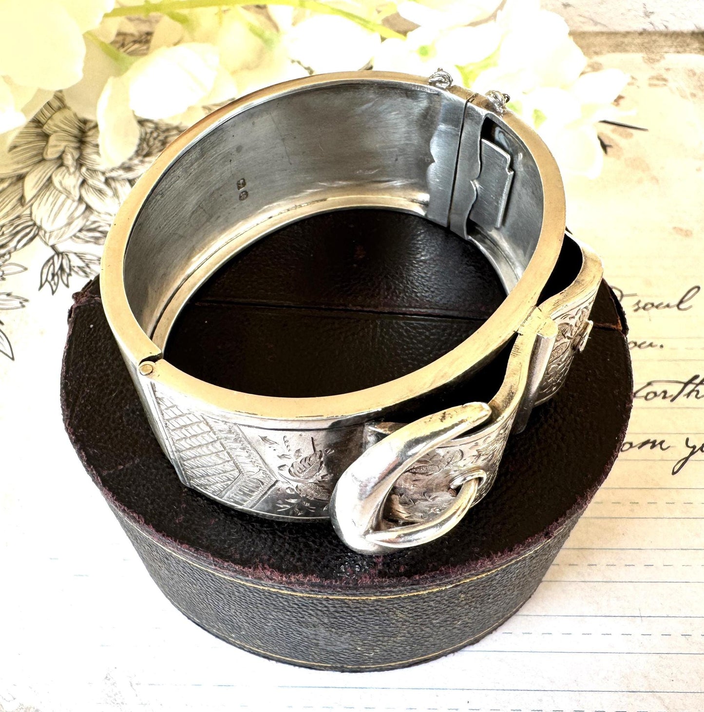 Antique Victorian Sterling Silver Buckle Bangle Dated 1884 in Original Wales & McCulloch, Cheapside London Antique Bracelet Case/Box