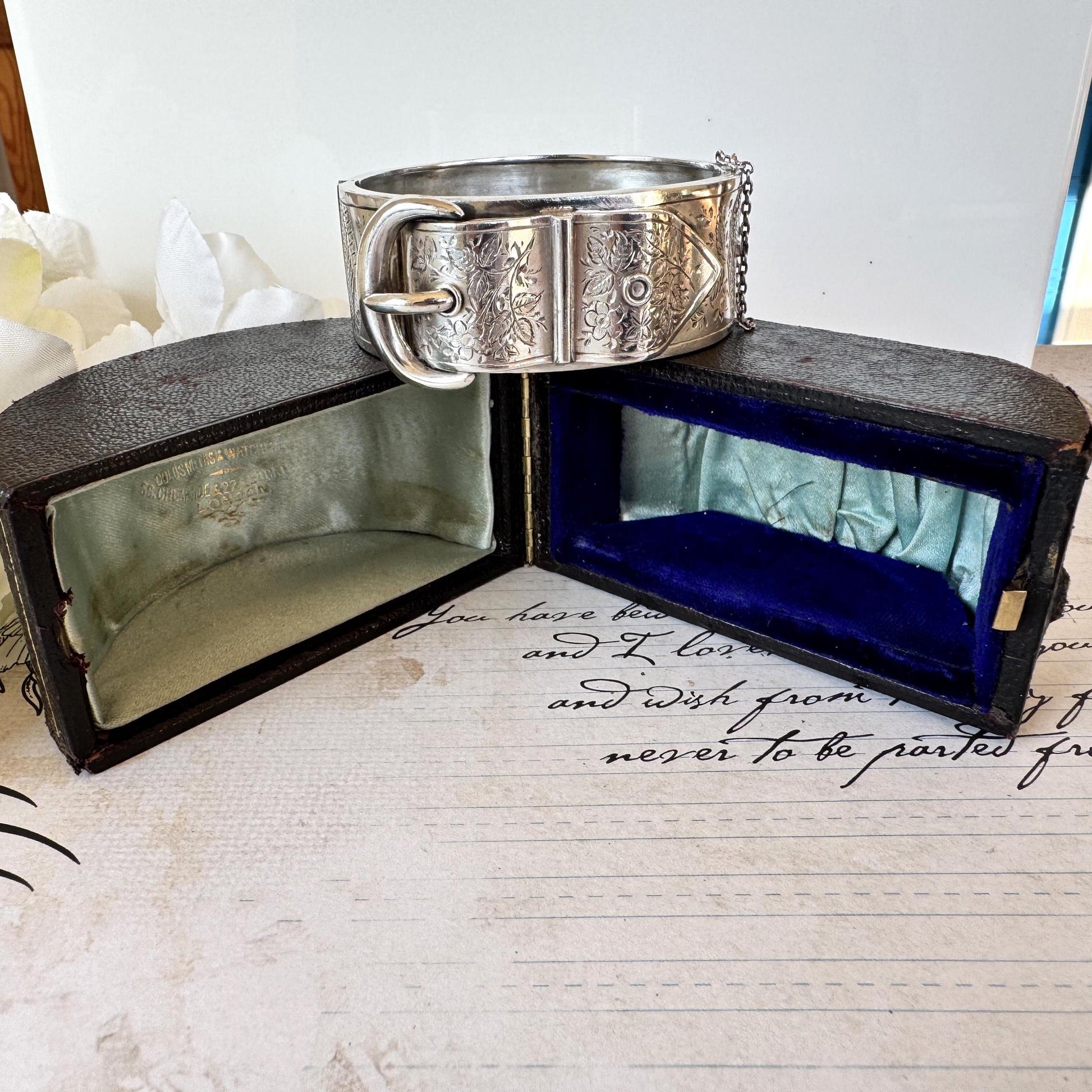 Antique Victorian Sterling Silver Buckle Bangle Dated 1884 in Original Wales & McCulloch, Cheapside London Antique Bracelet Case/Box