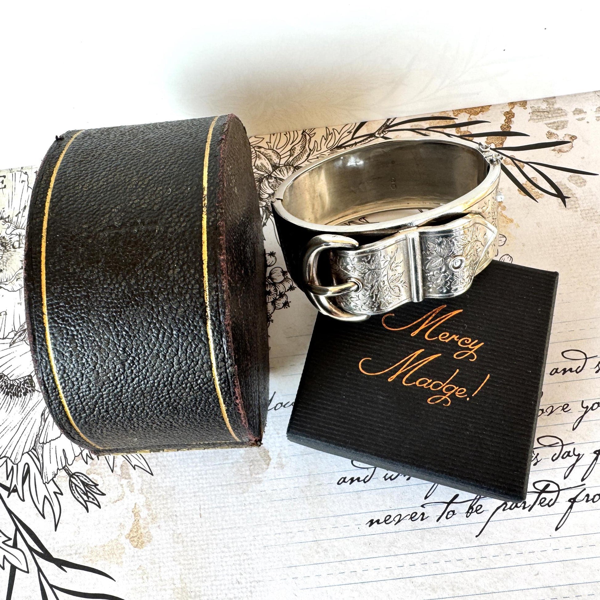Antique Victorian Sterling Silver Buckle Bangle Dated 1884 in Original Wales & McCulloch, Cheapside London Antique Bracelet Case/Box