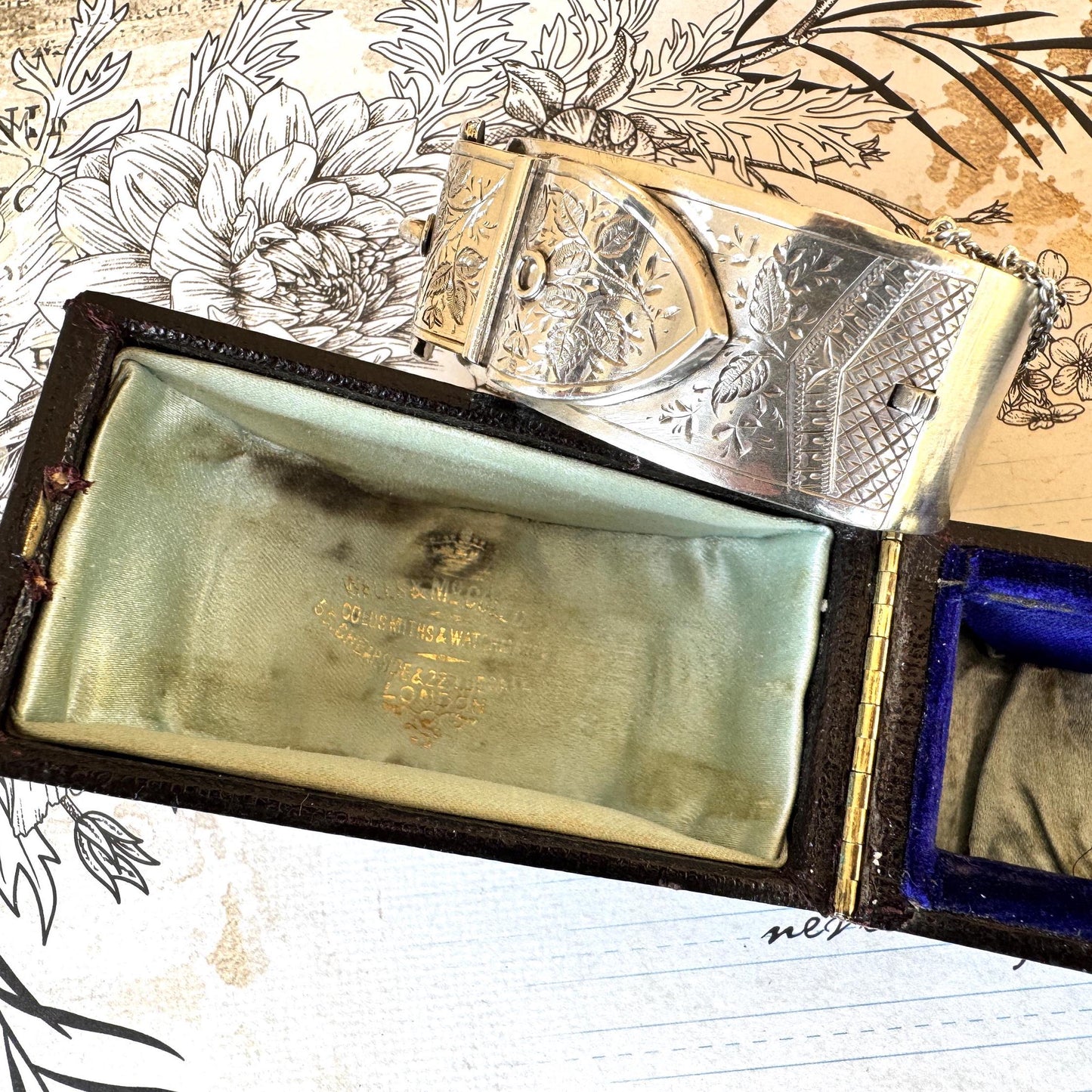 Antique Victorian Sterling Silver Buckle Bangle Dated 1884 in Original Wales & McCulloch, Cheapside London Antique Bracelet Case/Box