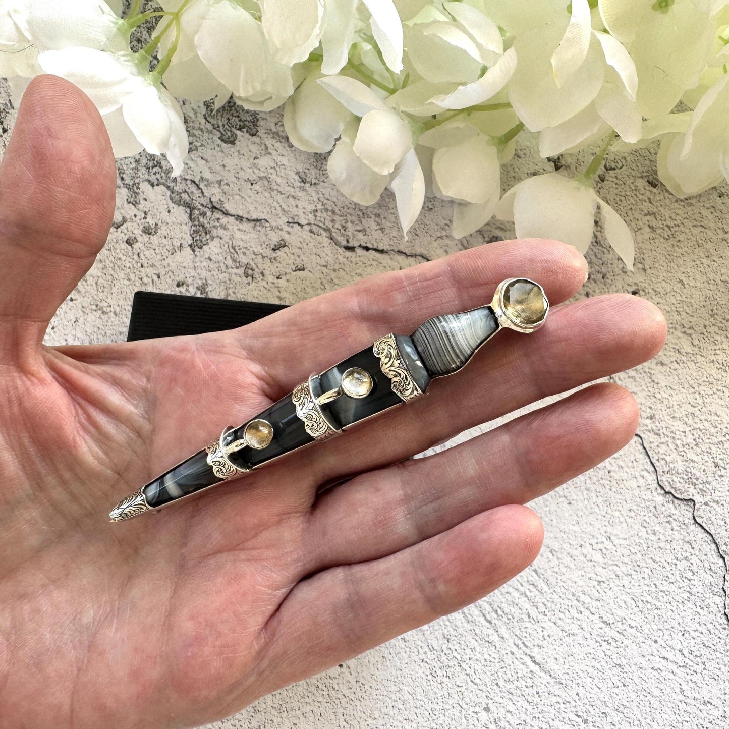 Huge Victorian Scottish Agate & Citrine Sterling Silver Sgian Dubh Kilt Pin