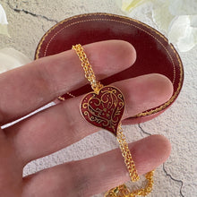 Lade das Bild in den Galerie-Viewer, Vintage Gold Red Enamel Love Heart Pendant Necklace. Old Islamic World Niello Pendant &amp; 18ct GF Chain. Metropolitan Museum Of Art Jewellery
