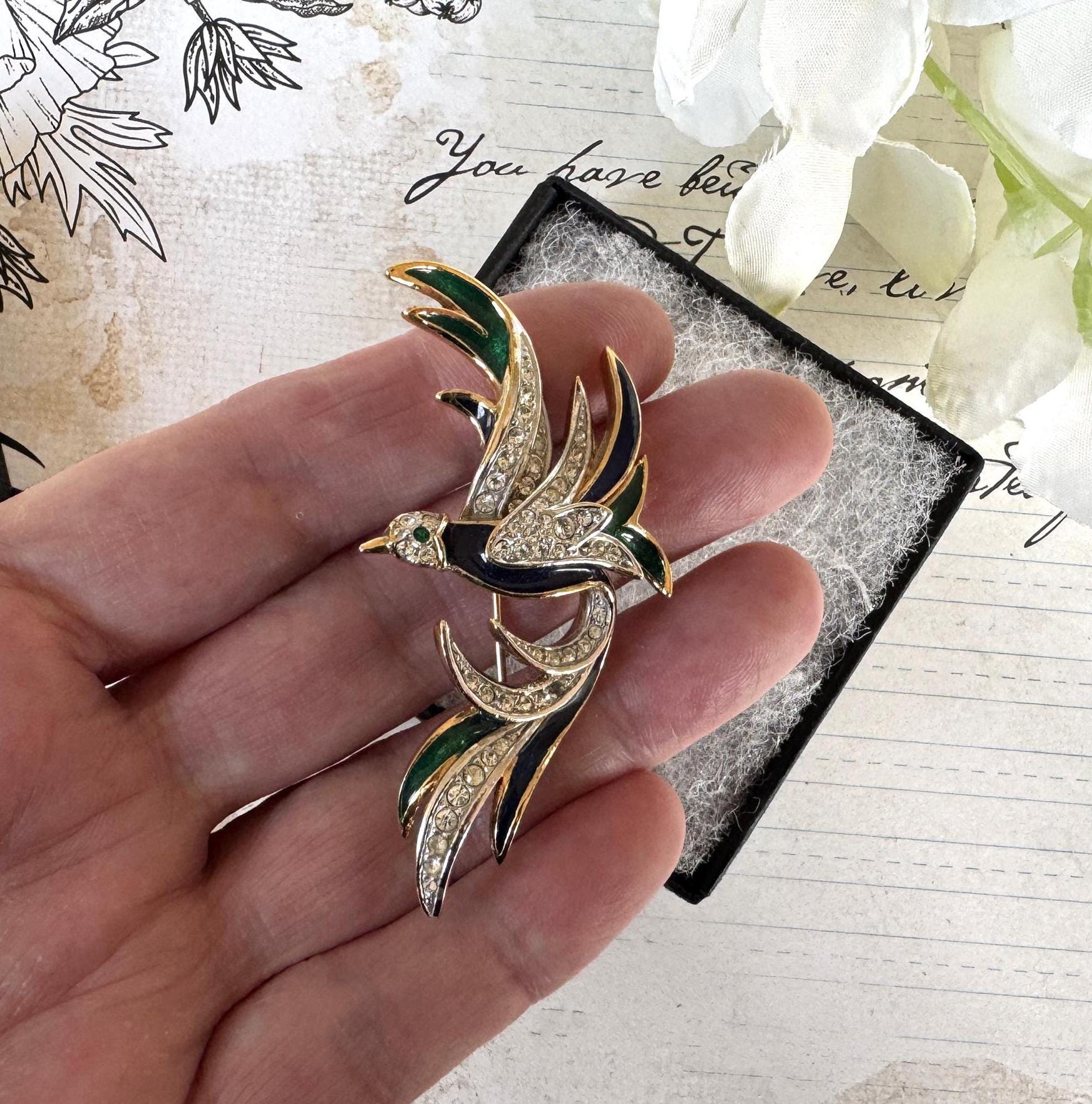 Vintage 1980's Attwood & Sawyer Crystal and Enamel 22ct Gold Plated Bird of Paradise Brooch