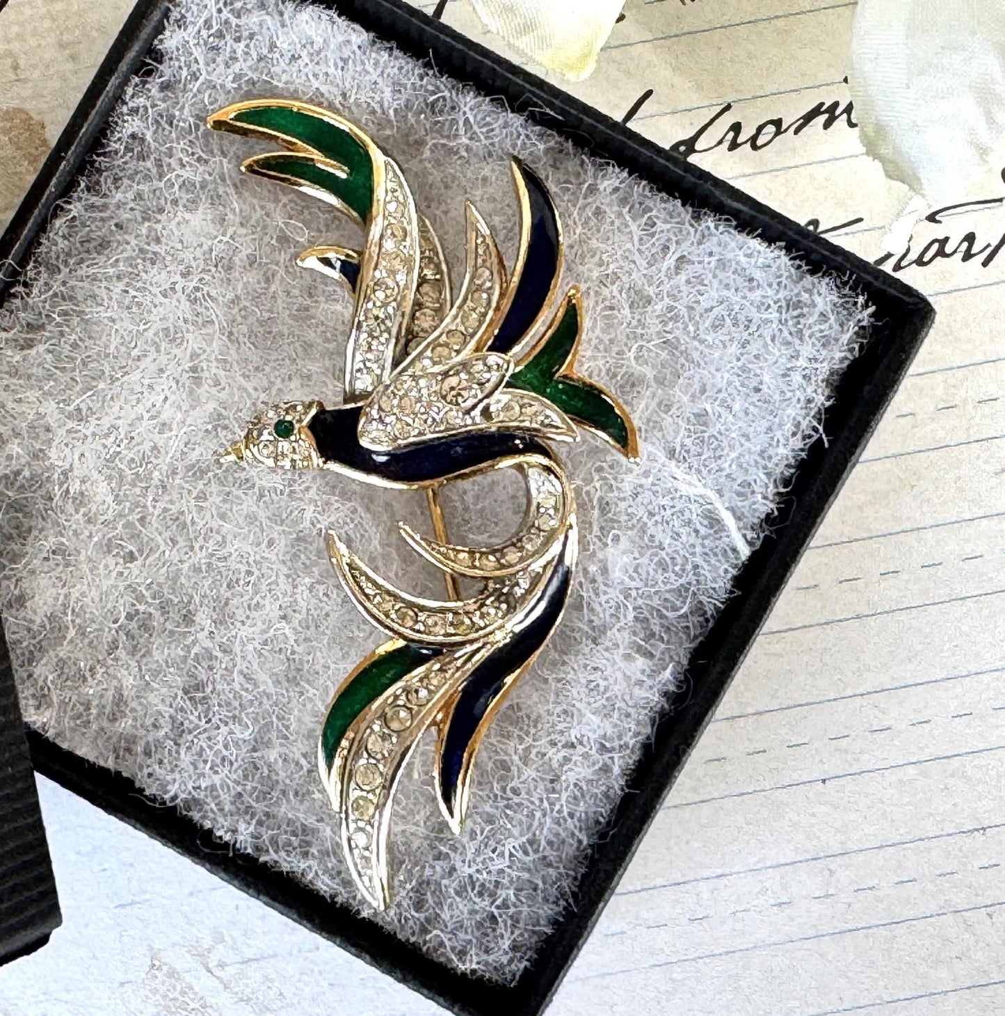 Vintage 1980's Attwood & Sawyer Crystal and Enamel 22ct Gold Plated Bird of Paradise Brooch