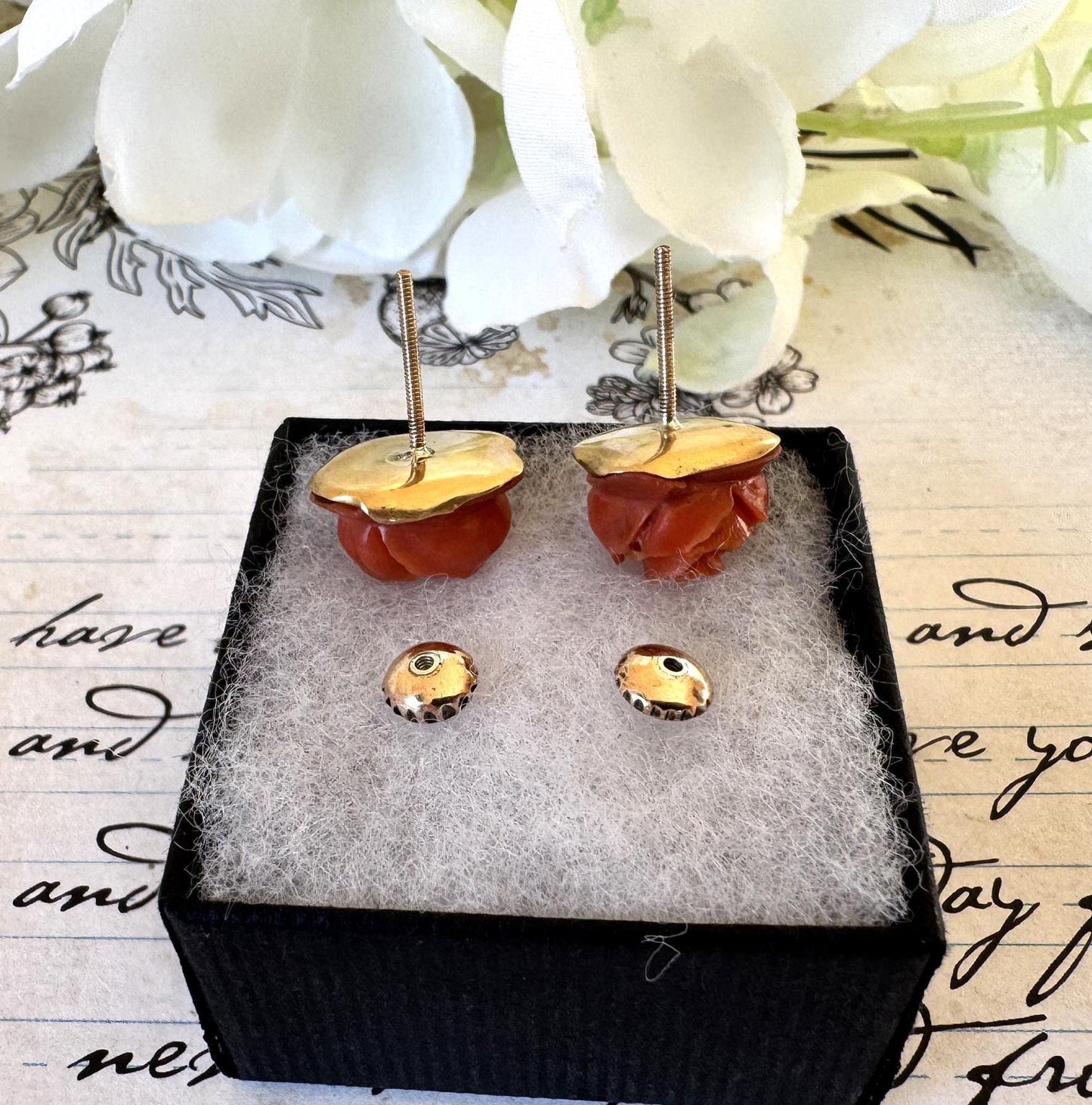 Vintage 18ct Gold Red Coral Carved Rose Earrings