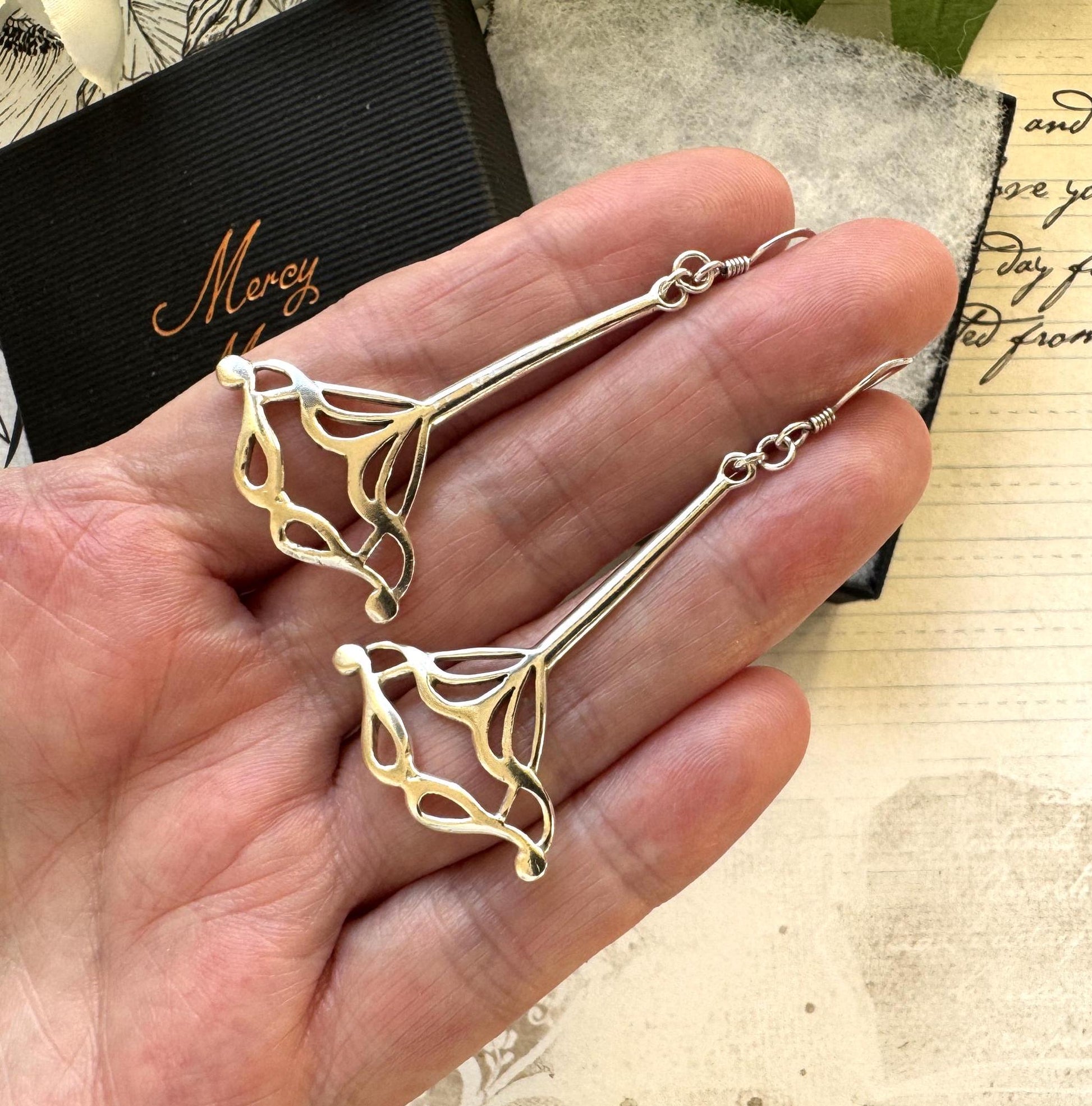 Vintage Sterling Silver Art Nouveau Style Long Drop Earrings