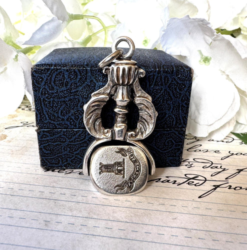 Rare Georgian Silver Triple Seal Swivel Fob Pendant with Family Crests. Large Antique Sterling Silver Engraved Intaglio Wax Seal Spinner Fob