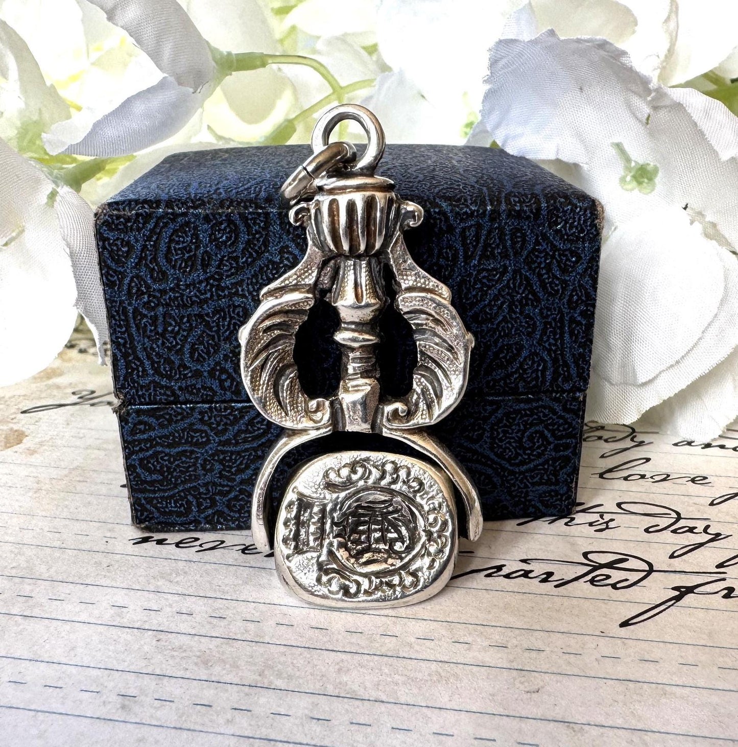 Rare Georgian Silver Triple Seal Swivel Fob Pendant with Family Crests. Large Antique Sterling Silver Engraved Intaglio Wax Seal Spinner Fob