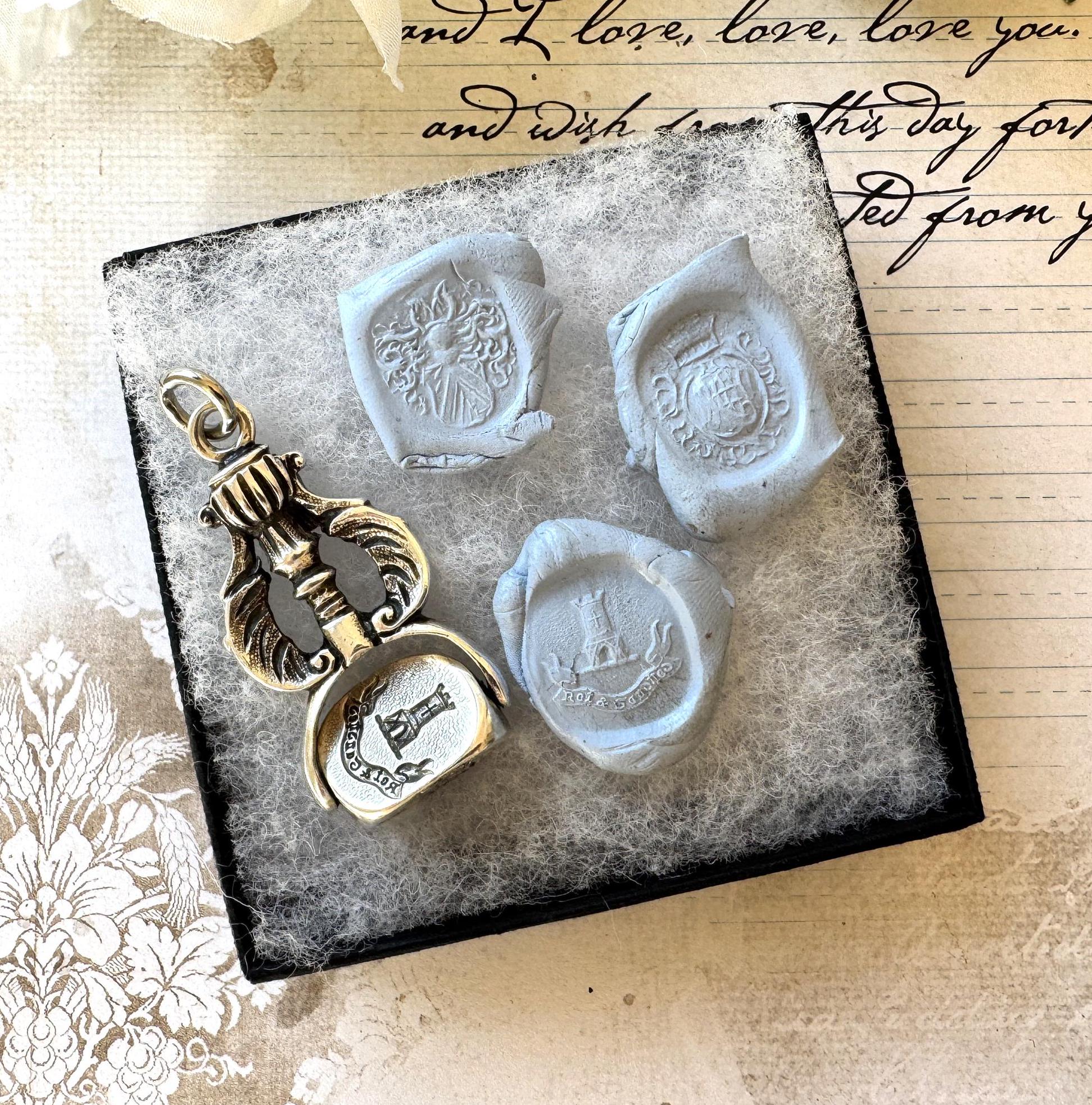 Rare Georgian Silver Triple Seal Swivel Fob Pendant with Family Crests. Large Antique Sterling Silver Engraved Intaglio Wax Seal Spinner Fob