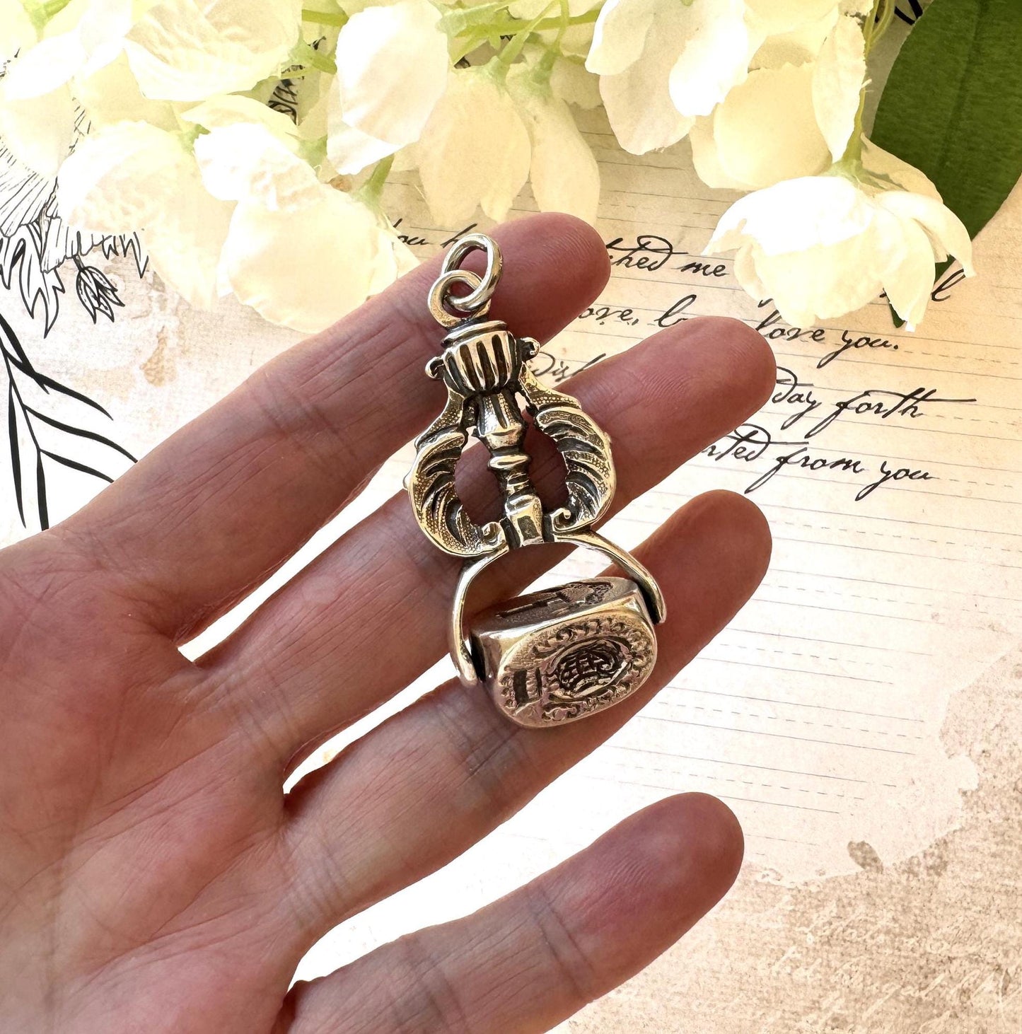 Rare Georgian Silver Triple Seal Swivel Fob Pendant with Family Crests. Large Antique Sterling Silver Engraved Intaglio Wax Seal Spinner Fob