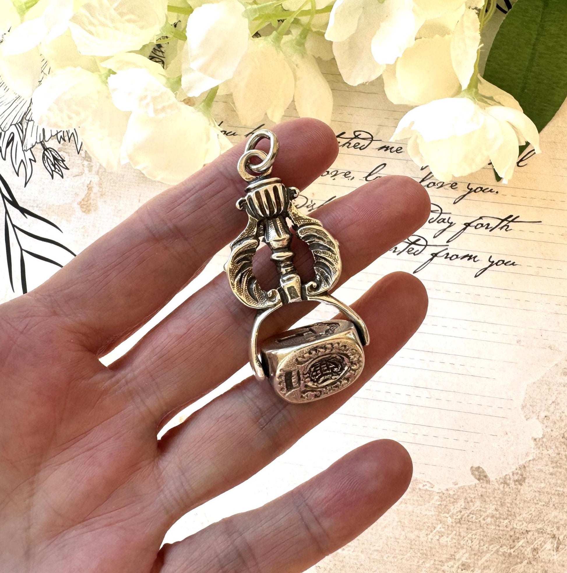 Rare Georgian Silver Triple Seal Swivel Fob Pendant with Family Crests. Large Antique Sterling Silver Engraved Intaglio Wax Seal Spinner Fob