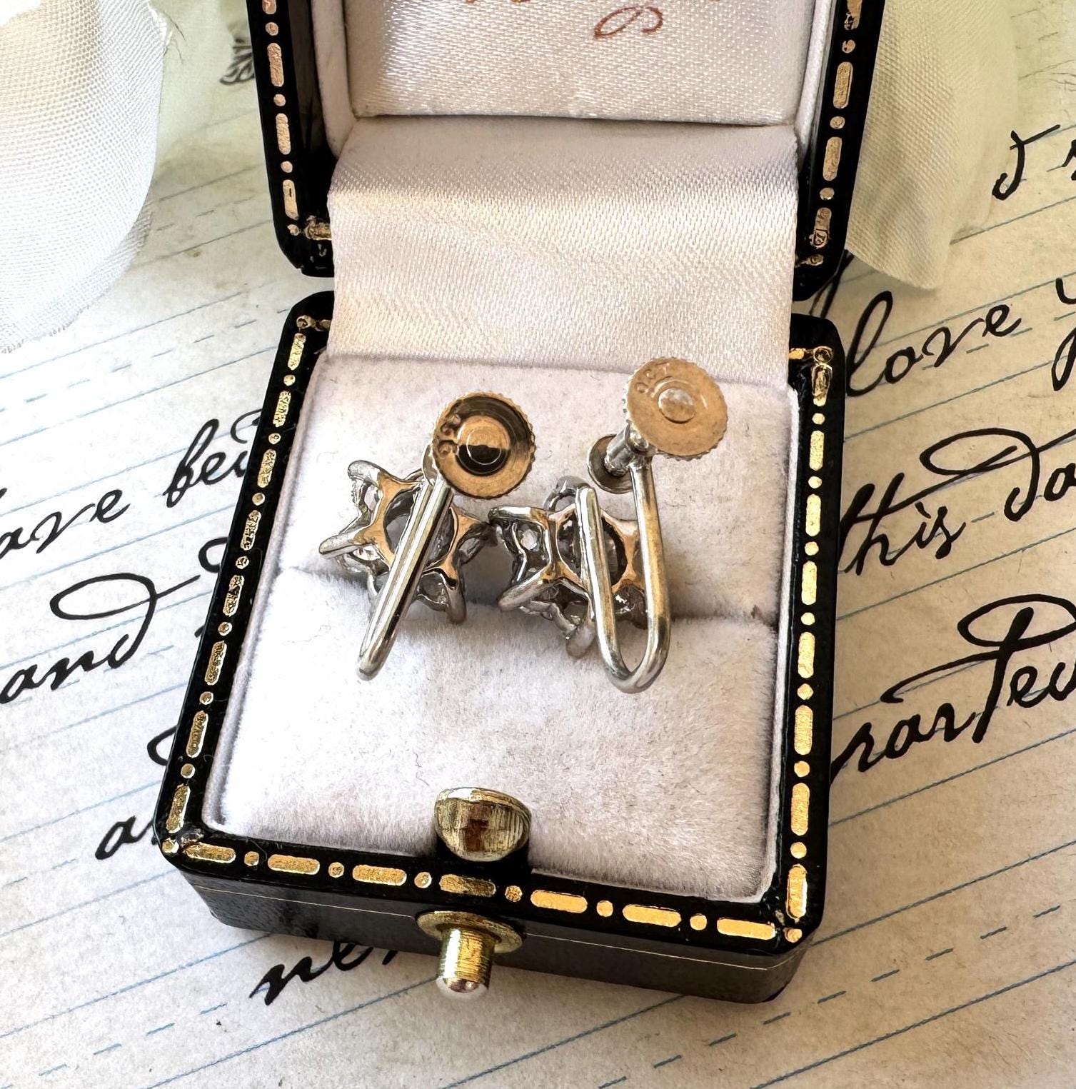 Antique Art Deco 9ct Gold White Zircon Cluster Earrings : Screw Back