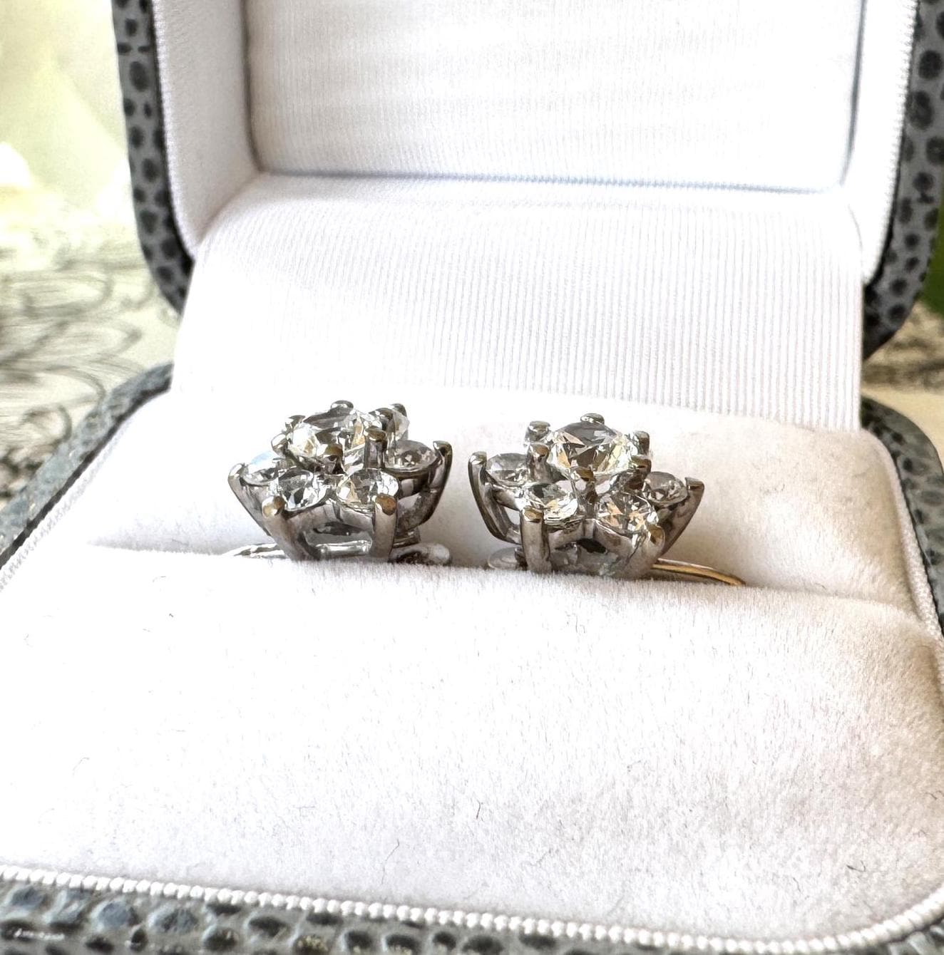 Antique Art Deco 9ct Gold White Zircon Cluster Earrings : Screw Back