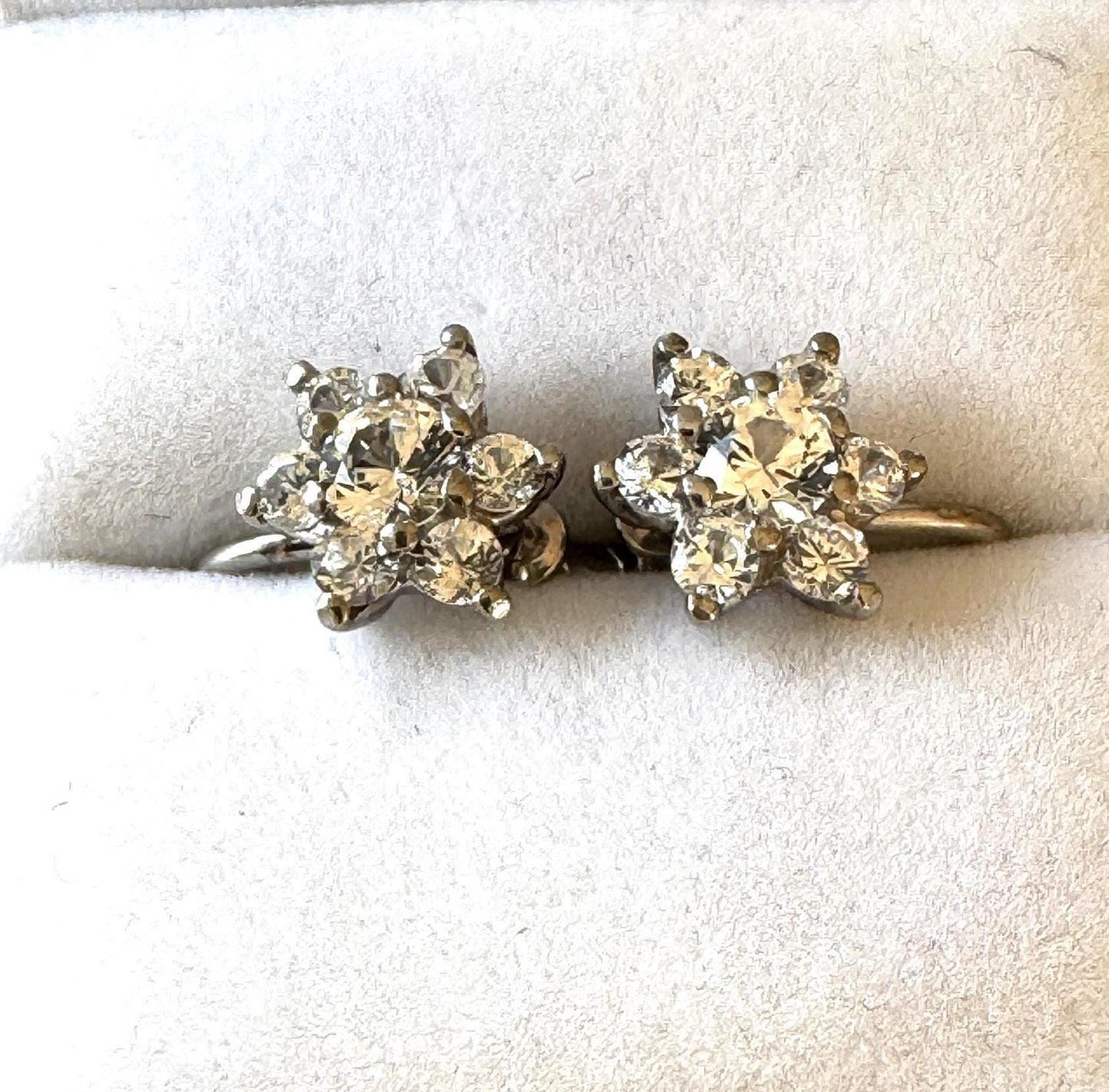 Antique Art Deco 9ct Gold White Zircon Cluster Earrings : Screw Back