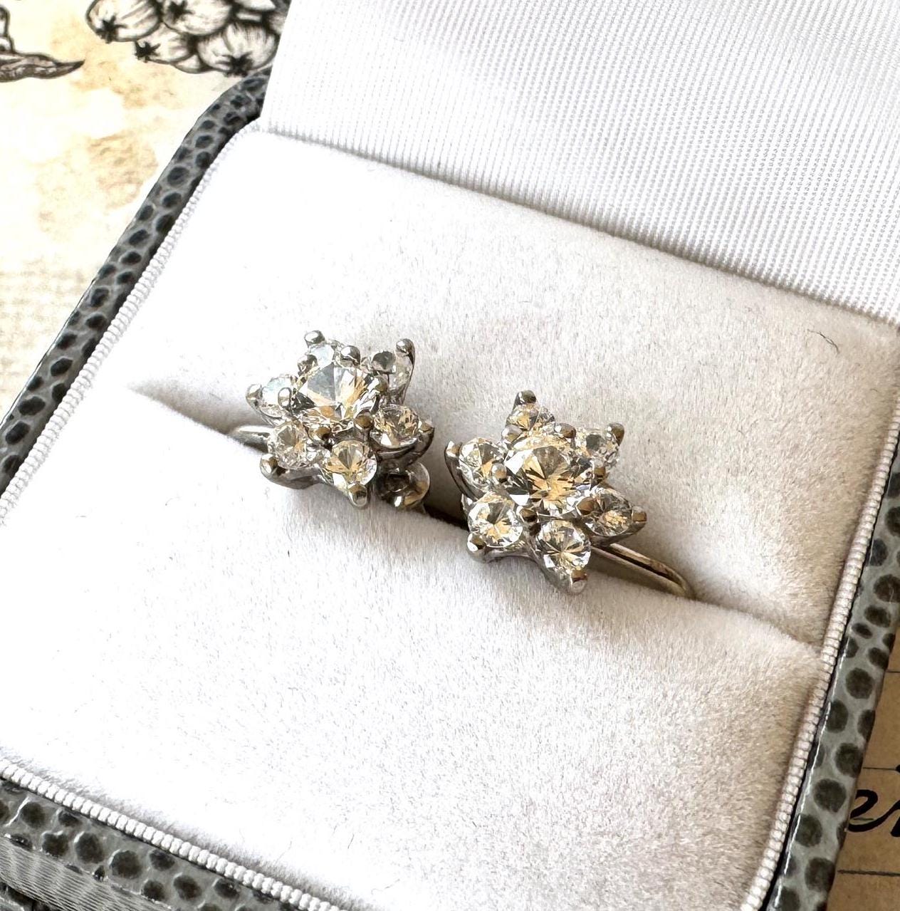 Antique Art Deco 9ct Gold White Zircon Cluster Earrings : Screw Back