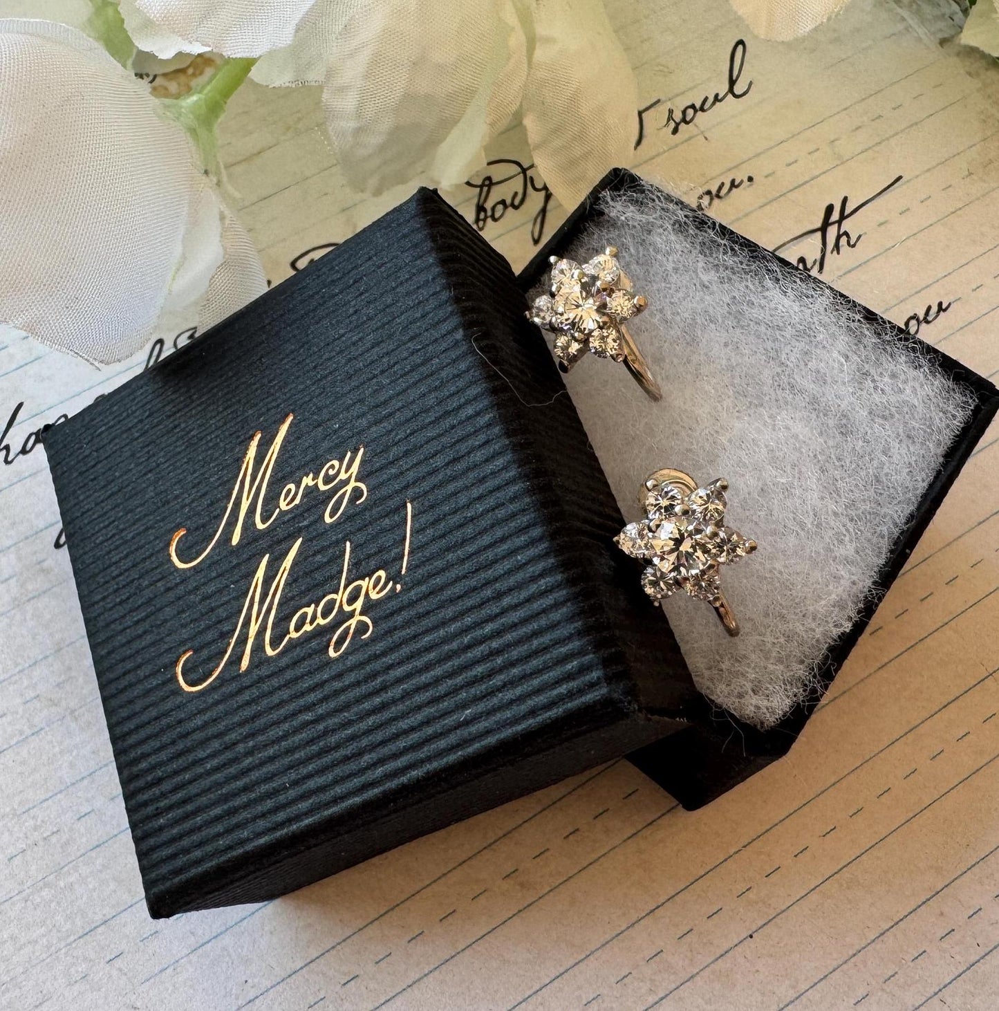 Antique Art Deco 9ct Gold White Zircon Cluster Earrings : Screw Back