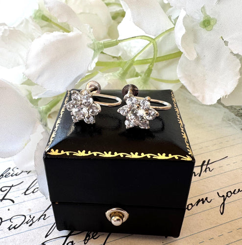 Antique Art Deco 1.25ct White Spinel Cluster Flower Earrings. Vintage 1930s 9ct White Gold Screw Back Daisy Cluster Stud Earrings.