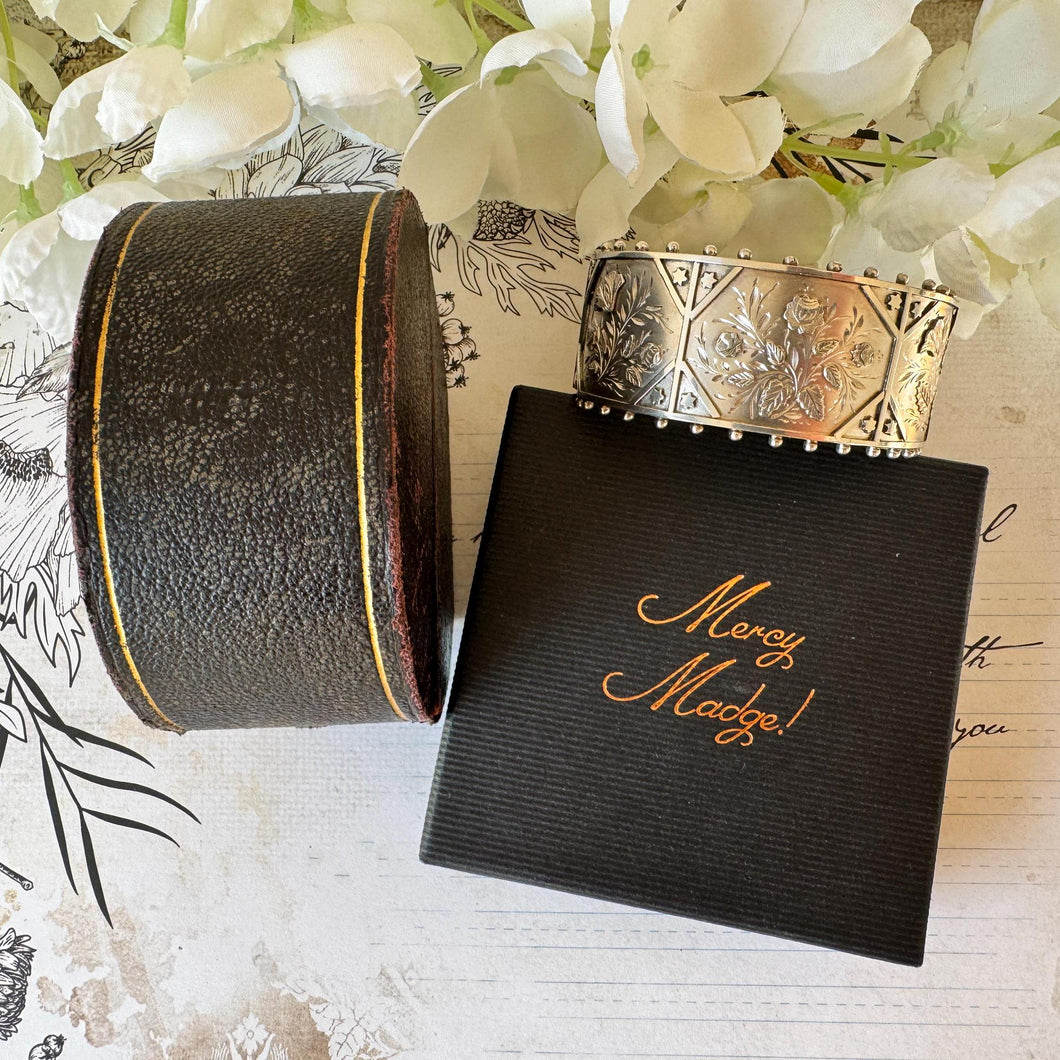 Antique Victorian Aesthetic Engraved Rose & Lily Sterling Silver Bangle In Original Maroon Leather Drum Shaped Bracelet Case, Dated 1883