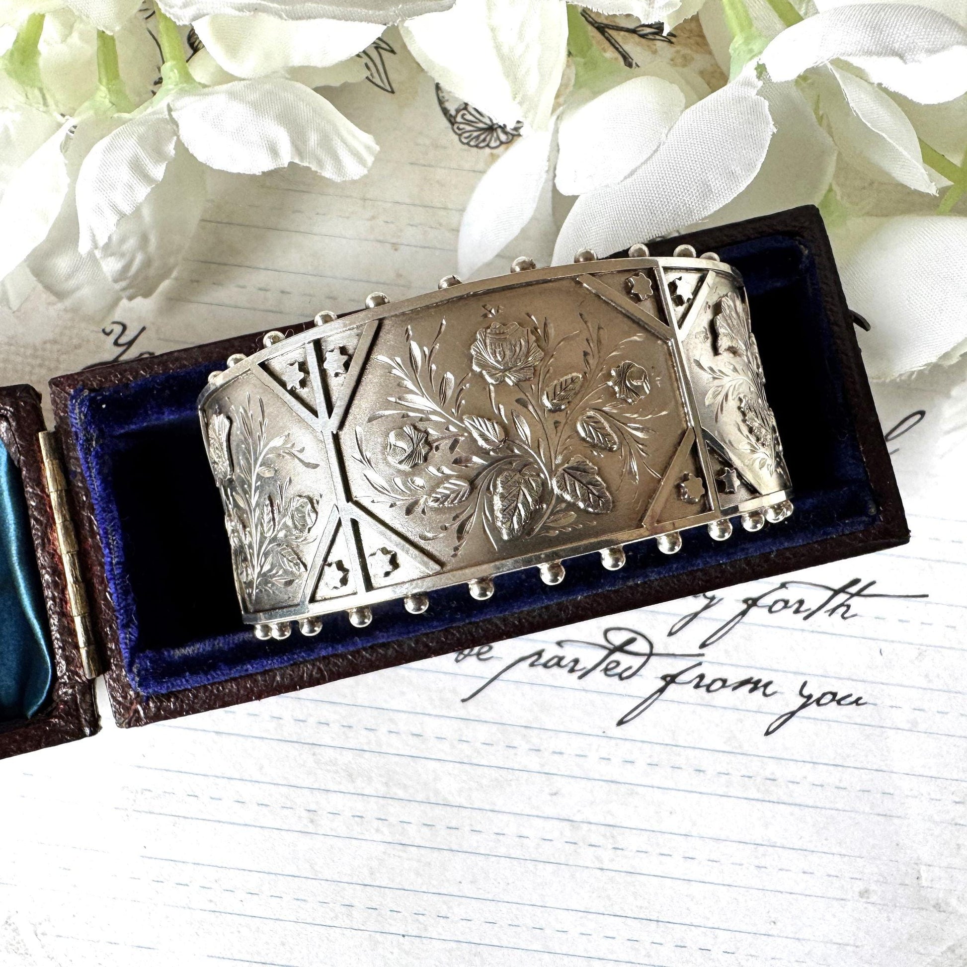 Antique Victorian Aesthetic Engraved Rose & Lily Sterling Silver Bangle In Original Maroon Leather Drum Shaped Bracelet Case, Dated 1883