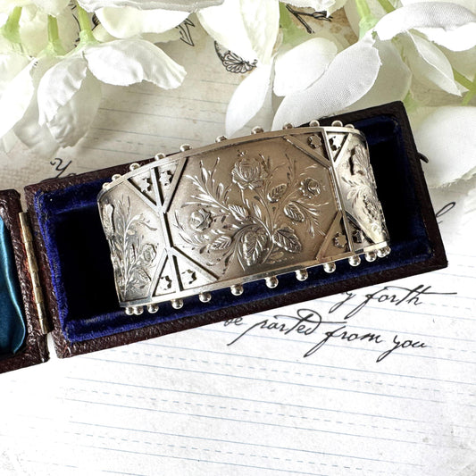Antique Victorian Aesthetic Engraved Rose & Lily Sterling Silver Bangle In Original Maroon Leather Drum Shaped Bracelet Case, Dated 1883