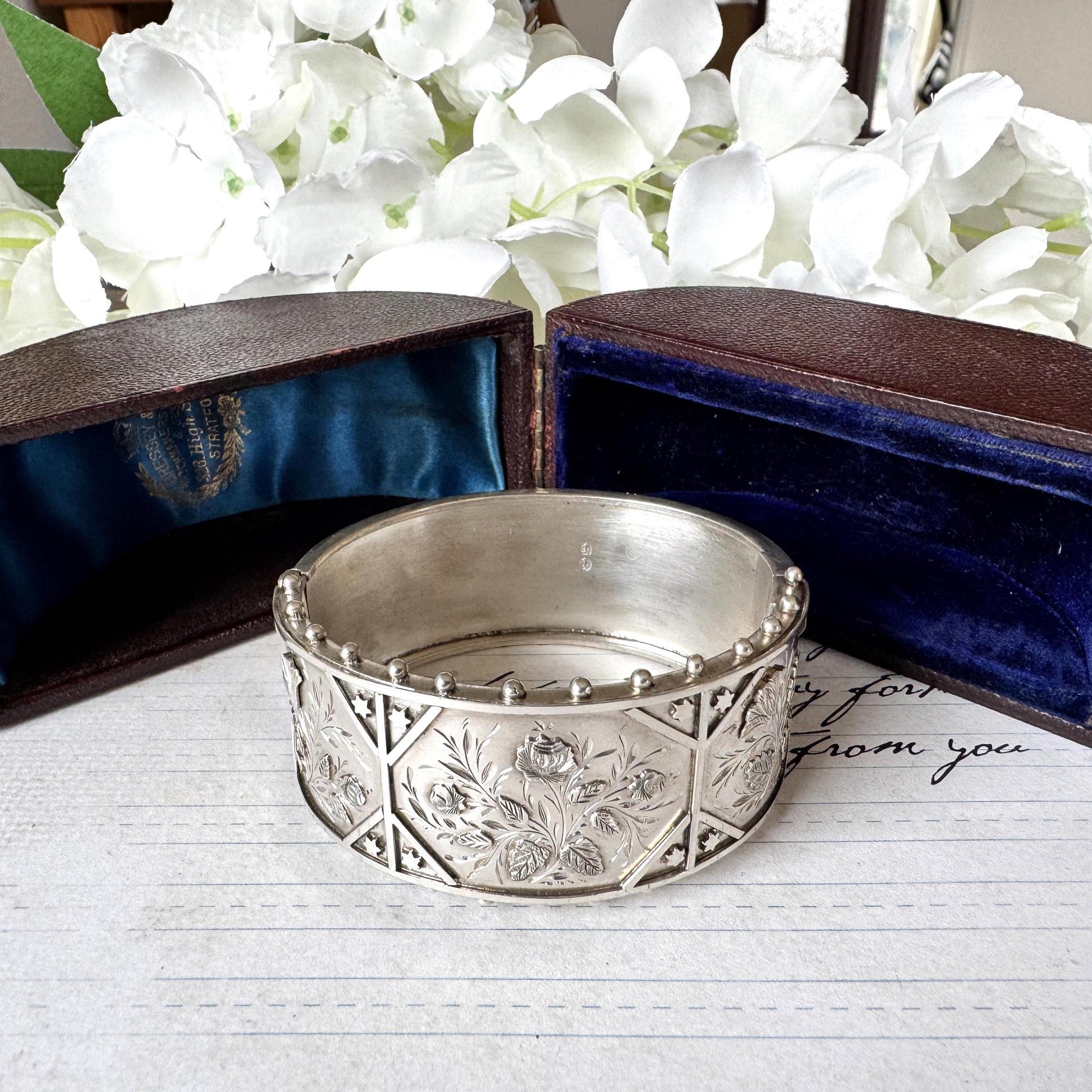 Antique Victorian Aesthetic Engraved Rose & Lily Sterling Silver Bangle In Original Maroon Leather Drum Shaped Bracelet Case, Dated 1883