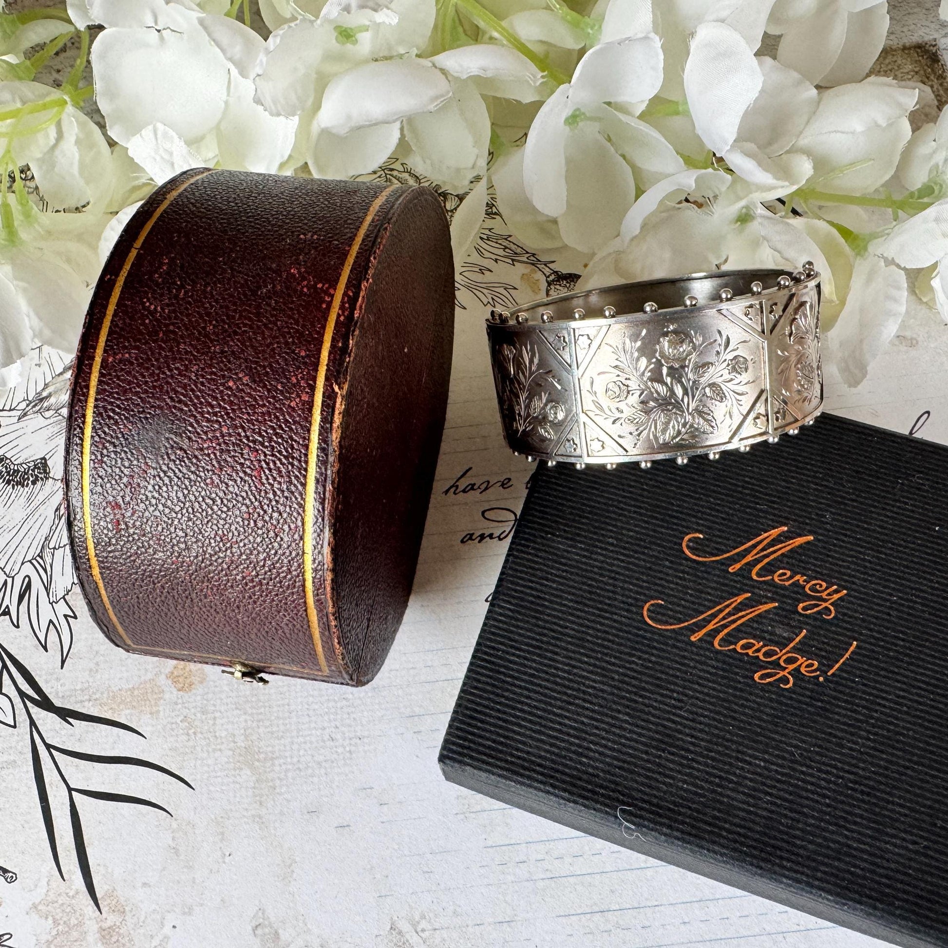 Antique Victorian Aesthetic Engraved Rose & Lily Sterling Silver Bangle In Original Maroon Leather Drum Shaped Bracelet Case, Dated 1883