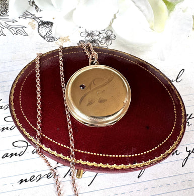 Antique Edwardian Rolled Rose Gold Ruby Locket on Chain, Kollmar & Jourdan, Germany. Floral Engraved Round Photo Locket Pendant Necklace