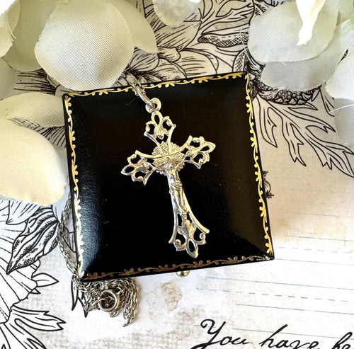 Antique French Sterling Silver Crucifix Cross Pendant Necklace, Intricate Openwork Silver Cross & Chain. Antique Communion Jewellery Gift