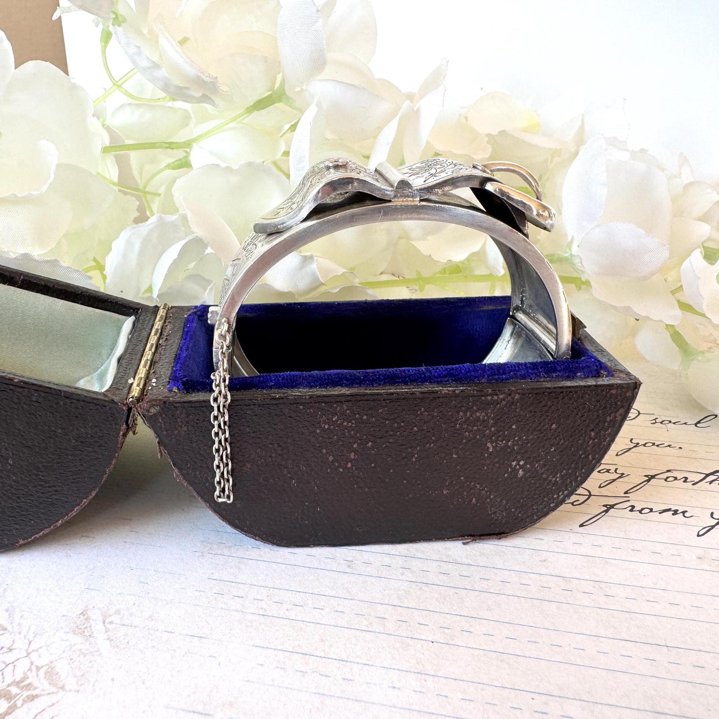 Antique Victorian Sterling Silver Buckle Bangle Dated 1884 in Original Wales & McCulloch, Cheapside London Antique Bracelet Case/Box